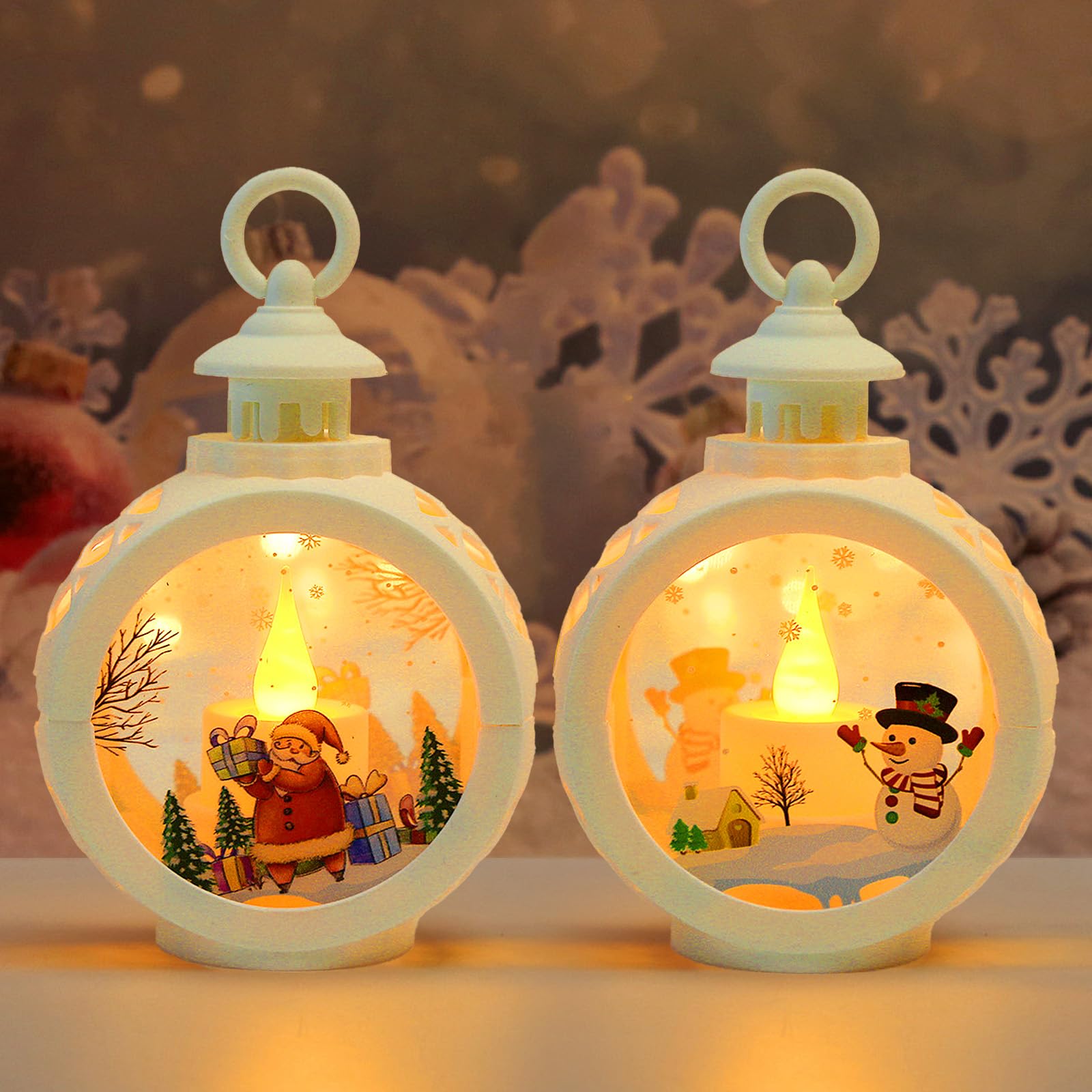 2 Lanternes De Noël LED - Père Noël Et Bonhomme De Neige - Décoration Intérieur/extérieur, Suspendue Ou Sur Table