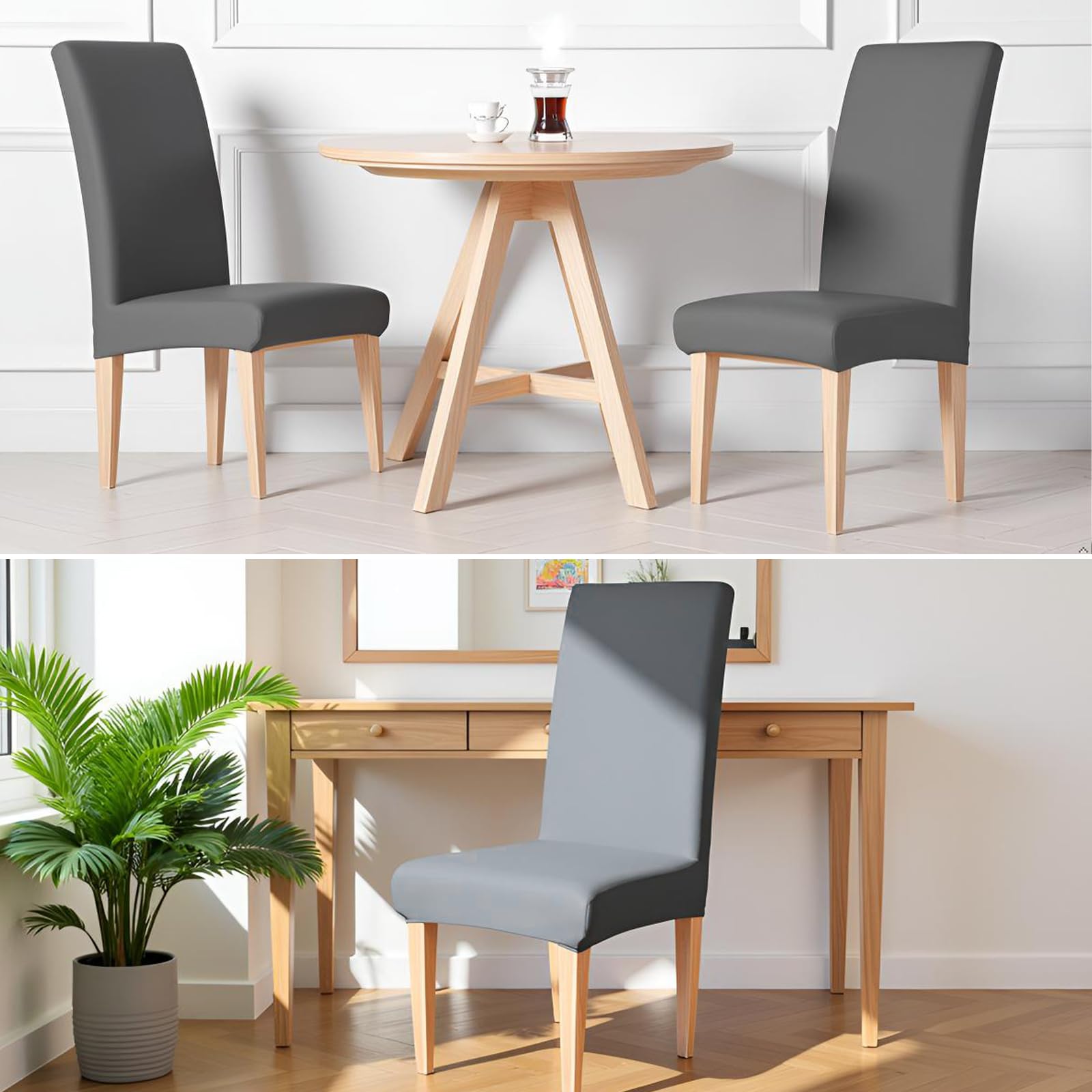 Housse de Chaise Extensible 4 Pièces Amovible Lavable Gris pour Salle à Manger Hôtel