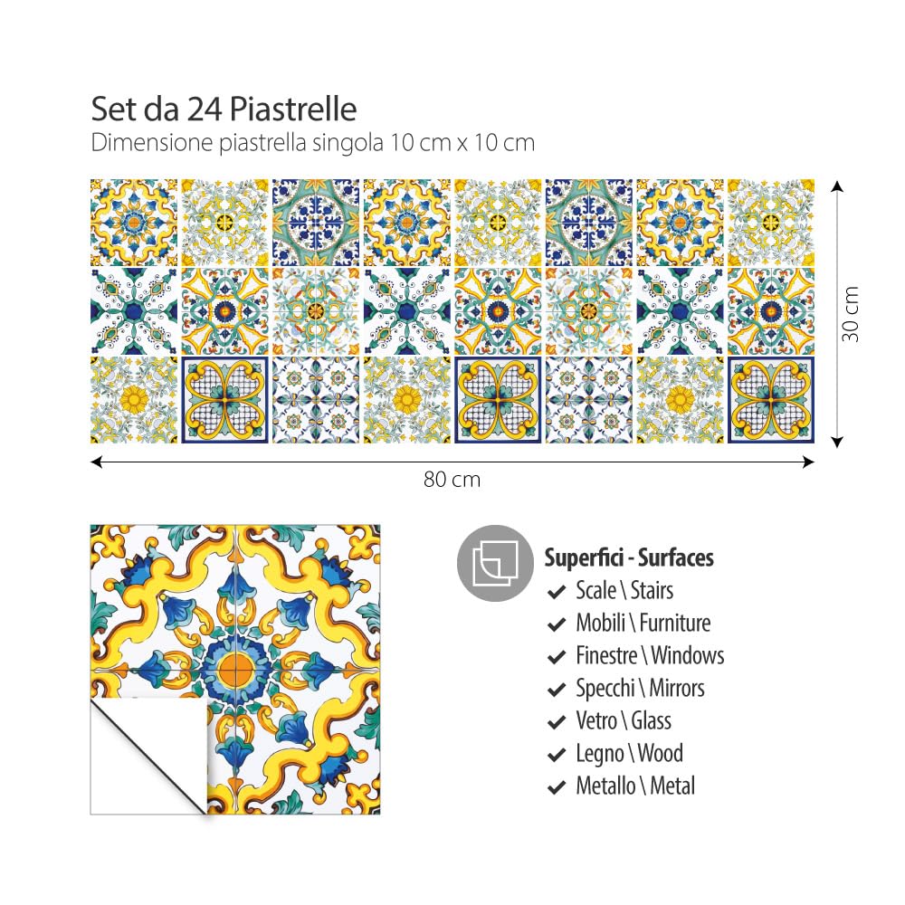 RE-COVERTILES - Adesivi Piastrelle Cucina Bagno Mattonelle adesive in PVC Impermeabili Antigraffio Stickers Decorazione Parete Cementine Peel and Stick - Modello 24 Pz 10x10 cm PS00078 Made in Italy