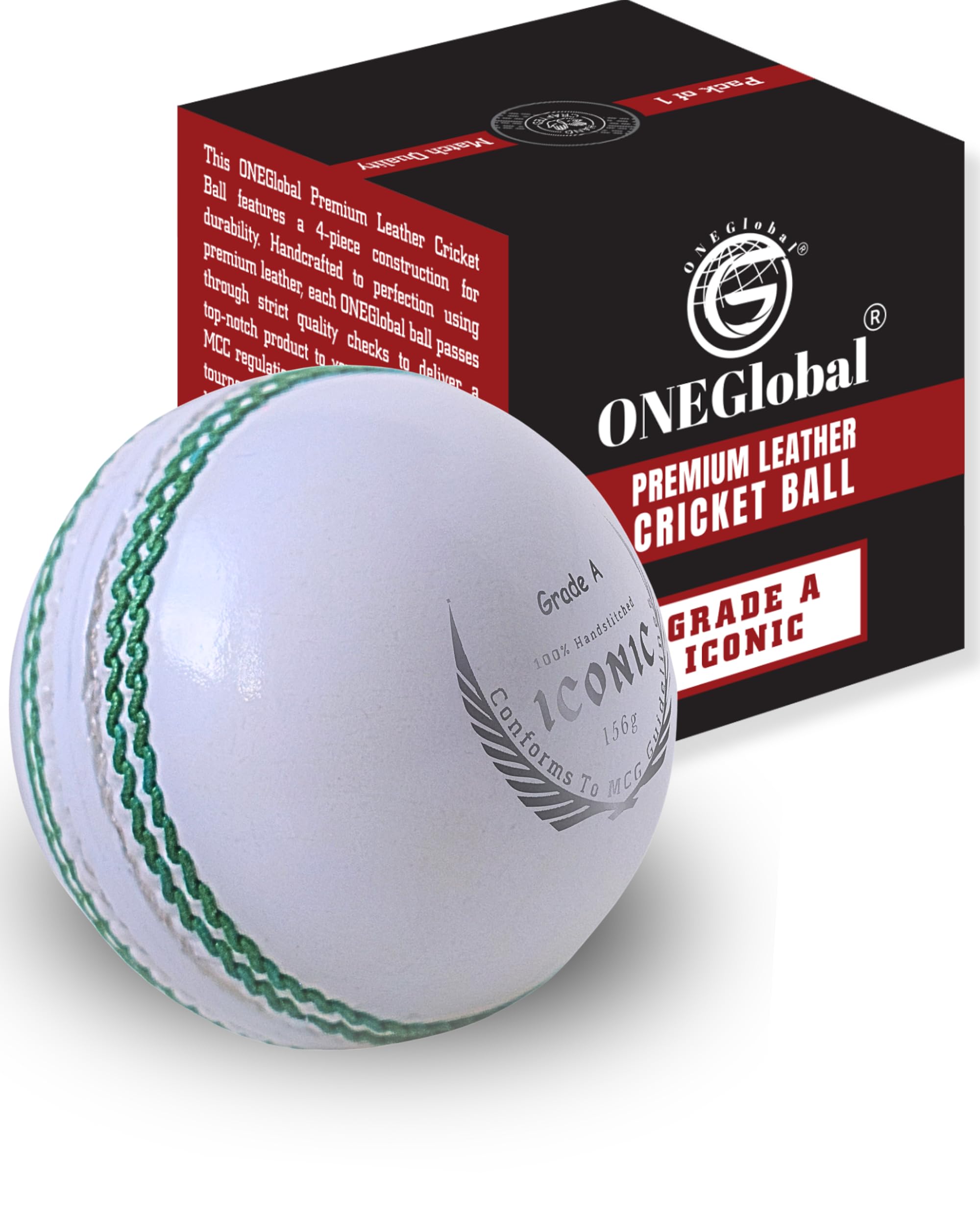 Balle de cricket emblématique en cuir | 100 % cousue à la main, 156 g – 5,5 oz, construction imperméable en 4 pièces | Balles de cricket rigides de qualité assortie