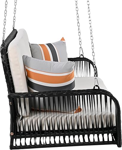 Miniatura 8 de Quarte Columpio colgante de mimbre para 2 personas, banco de mimbre para exteriores con cadenascojínalmohada, muebles de patio para jardín, patio