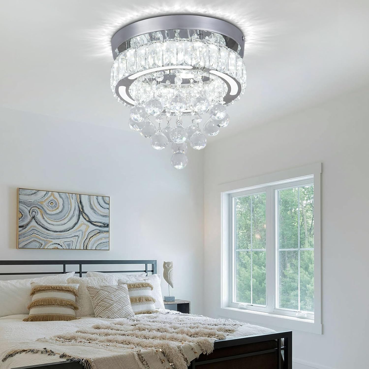 9.8" Modern Crystal Chandeliers LED Flush Mount Ceiling Light Mini Close to Ceiling Light for Dining Room Bedroom Living Room Hallway (Cool White)