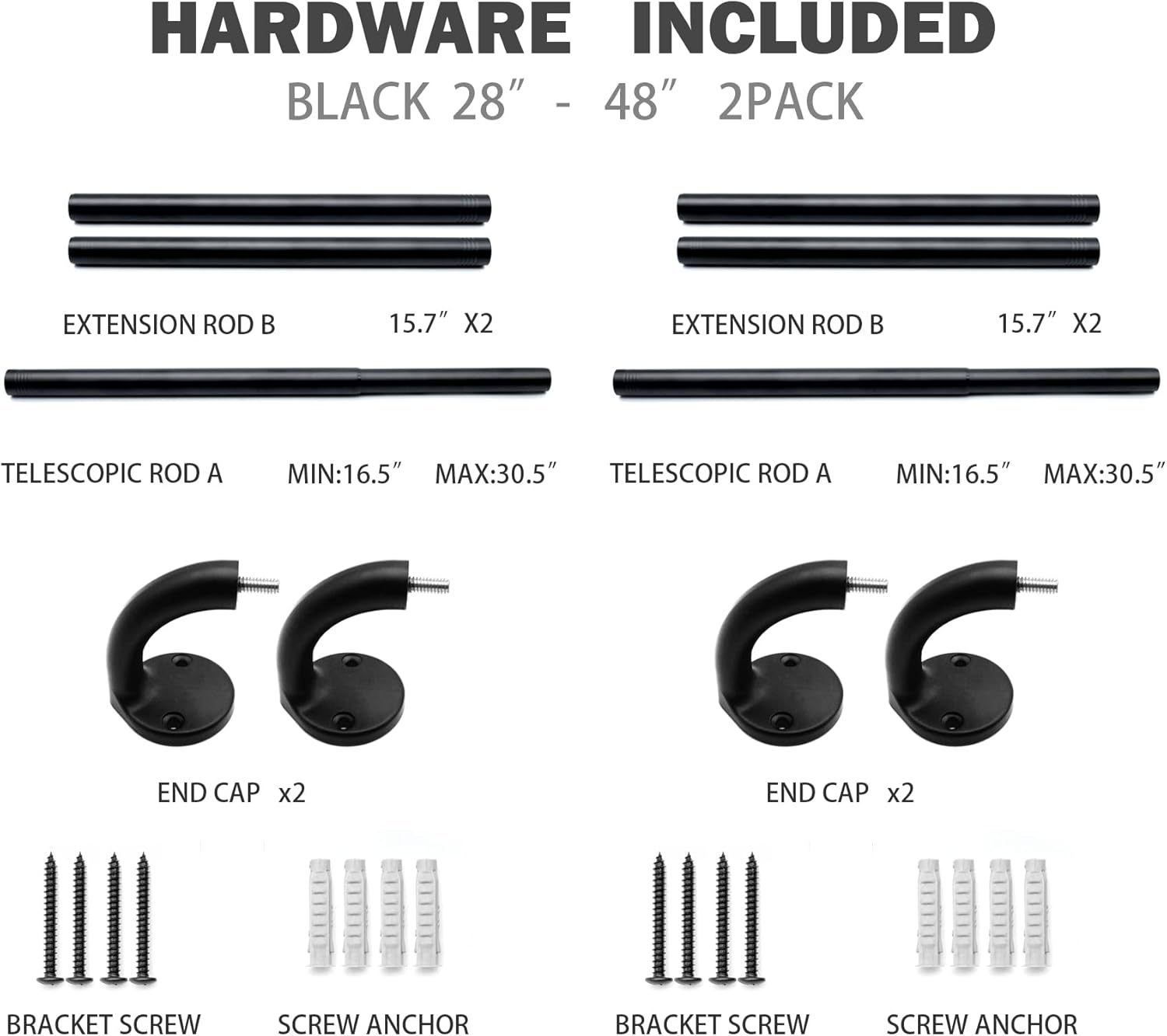 Blackout Curtain Rod 28-48, 3/4 Inch Curtain Rods for Windows Adjustable, Wrap Around Heavy Duty Telescoping Curtain Rods for Bedroom, Living Room, Black, 2 Packs 28-48" - 2 Packs Black