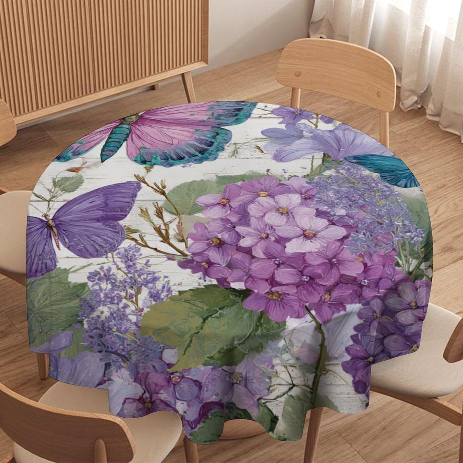 LUYYSKY Beautiful Fantasy Butterflies Round Tablecloth Rustic Watercolor Wooden Boards Lavender Floral Animals Butterfly Washable Decor for Table Cover for Kitchen-91.4" Wx91.4 L cm