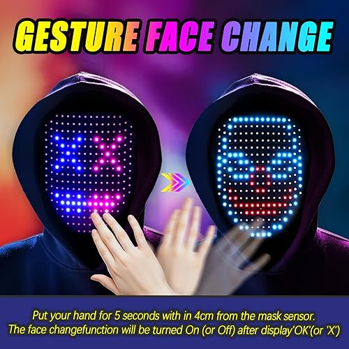 Miniatura 9 de Ompusos LED Mask with Gesture Sensing, Light-Up Transforming Face Cover for Halloween, Christmas, Cosplay & Birthday Parties