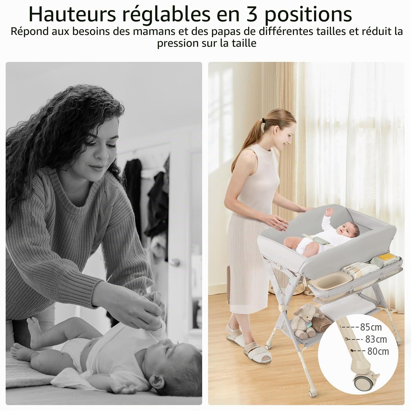 LIFEZEAL Table à Langer Pliante avec Roues Universelles, Espace de Rangement, Table Langer Bébé 0-6 Mois avec Charge de 11 KG, Tissu Hydrofuge, Oléofuge et Anti-taches, Gris