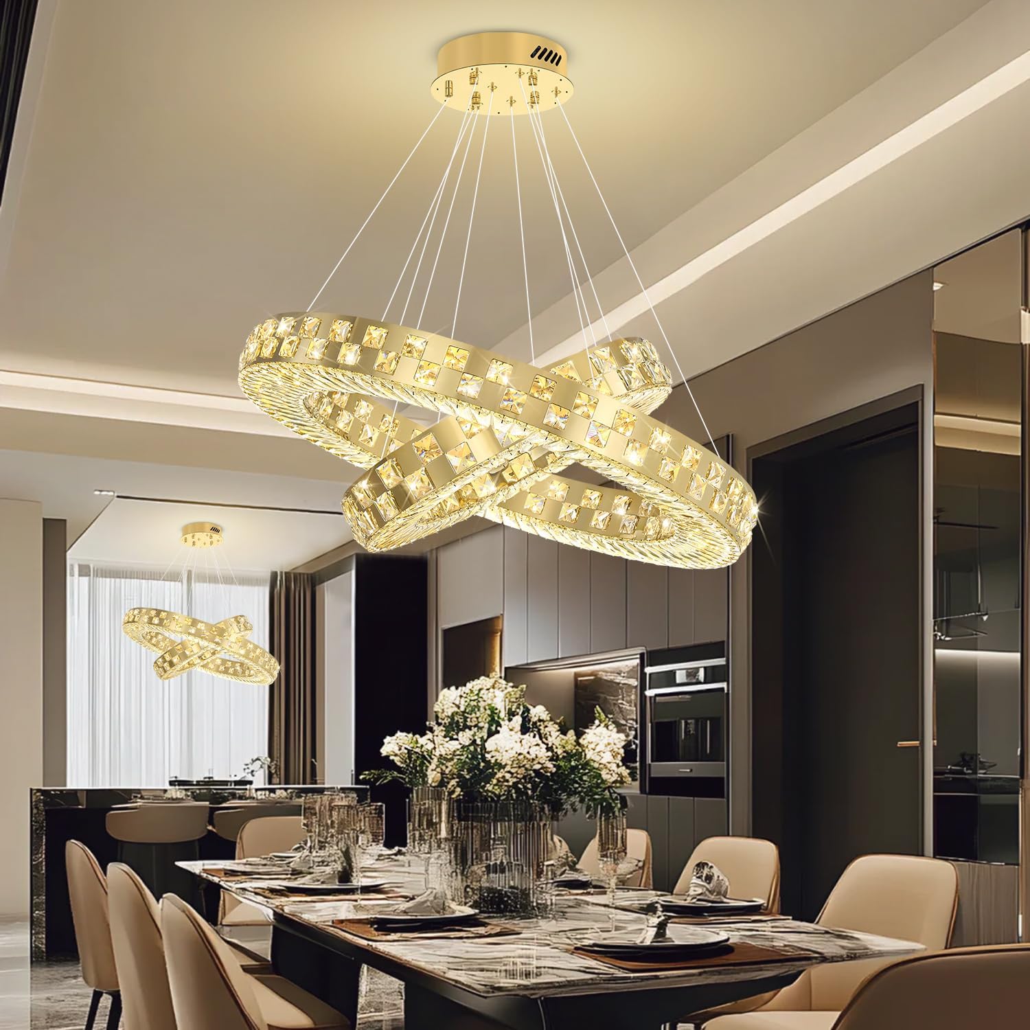 Flashing God Modern LED Chandelier 2 Ring Chandeliers Crystal Chandelier for Living Room Foyer Stairwell Lighting High Ceiling Light Dimmable 2700K-6000K