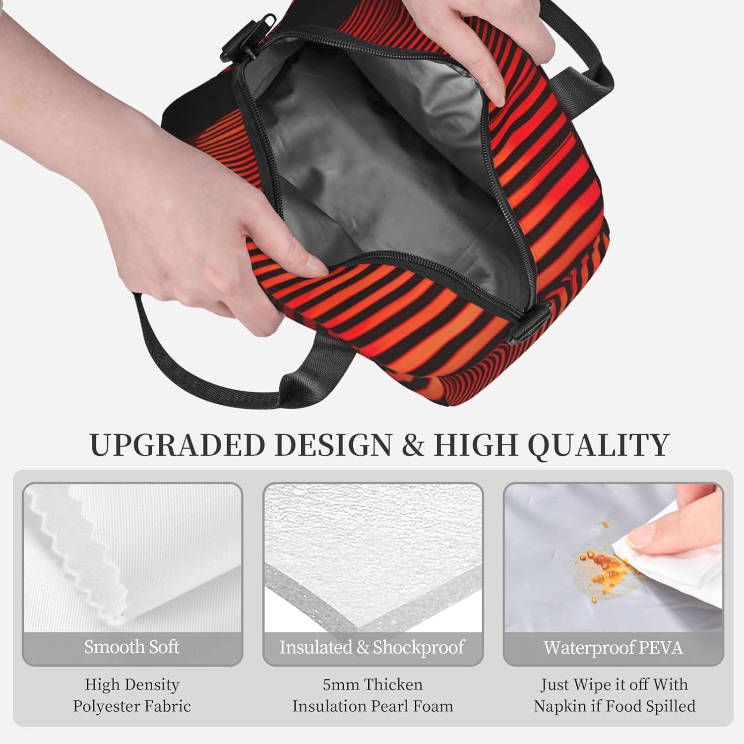 Red Light Dark Gray Stripes Print Reusable Lunch Bag Insulated Lunch Boxes for Office Work Picnic Tote Bag Adjustable