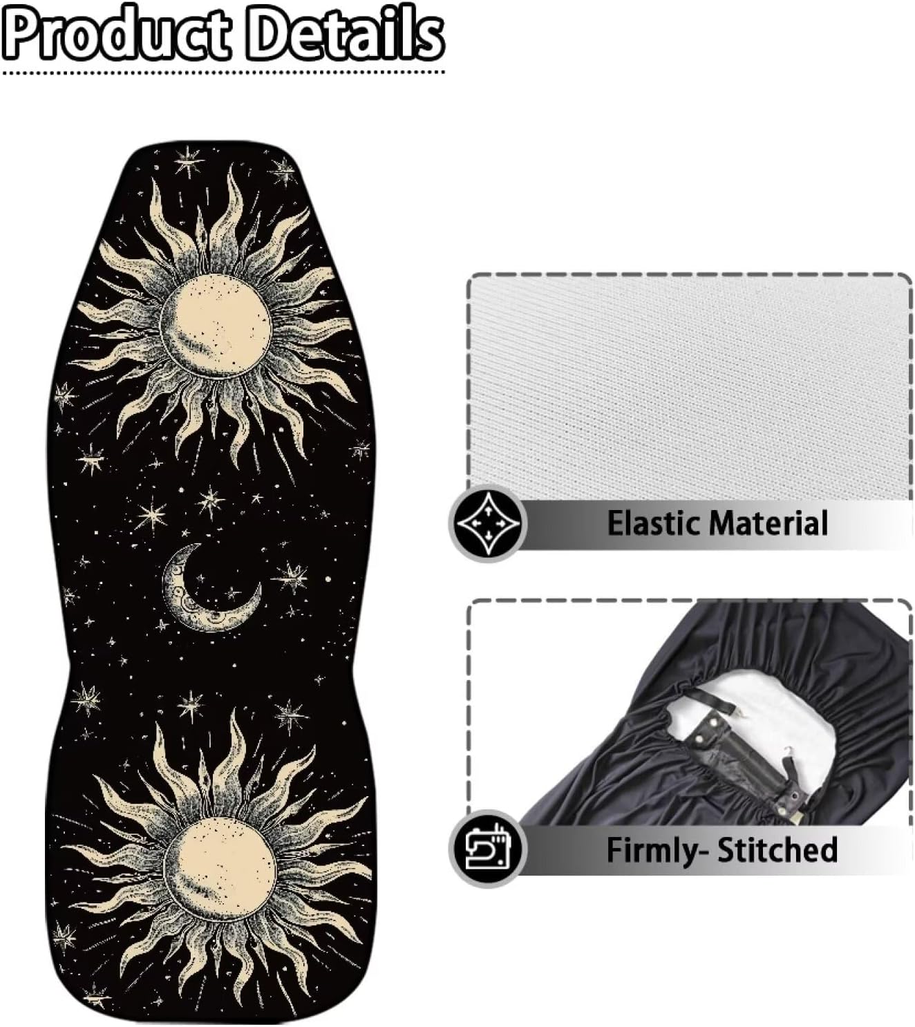 Kuiaobaty Black Car Seat Covers for Front Seats Sun Moon and Stars Printed Car Seat Covers Set in Cloth Universal Fit Washable Car Seat Cover for SUV, Sedan, Van