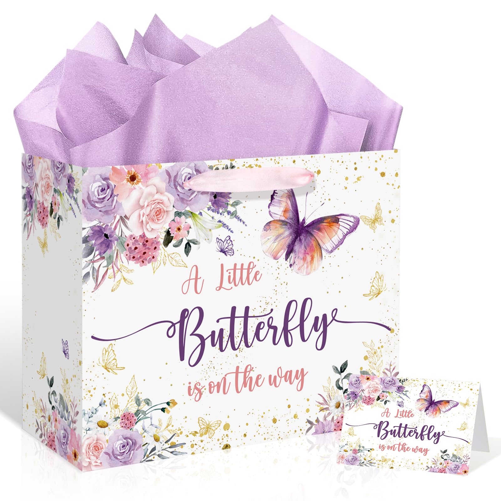 Butterfly Baby Shower Decorations Gift Bag for Baby Girl A Little Butterfly is On The Way Birthday Gift Bag with Wrapping Paper Purple Pink Floral Gift Bag for Baby Shower Birthday Party Supplies — image 1