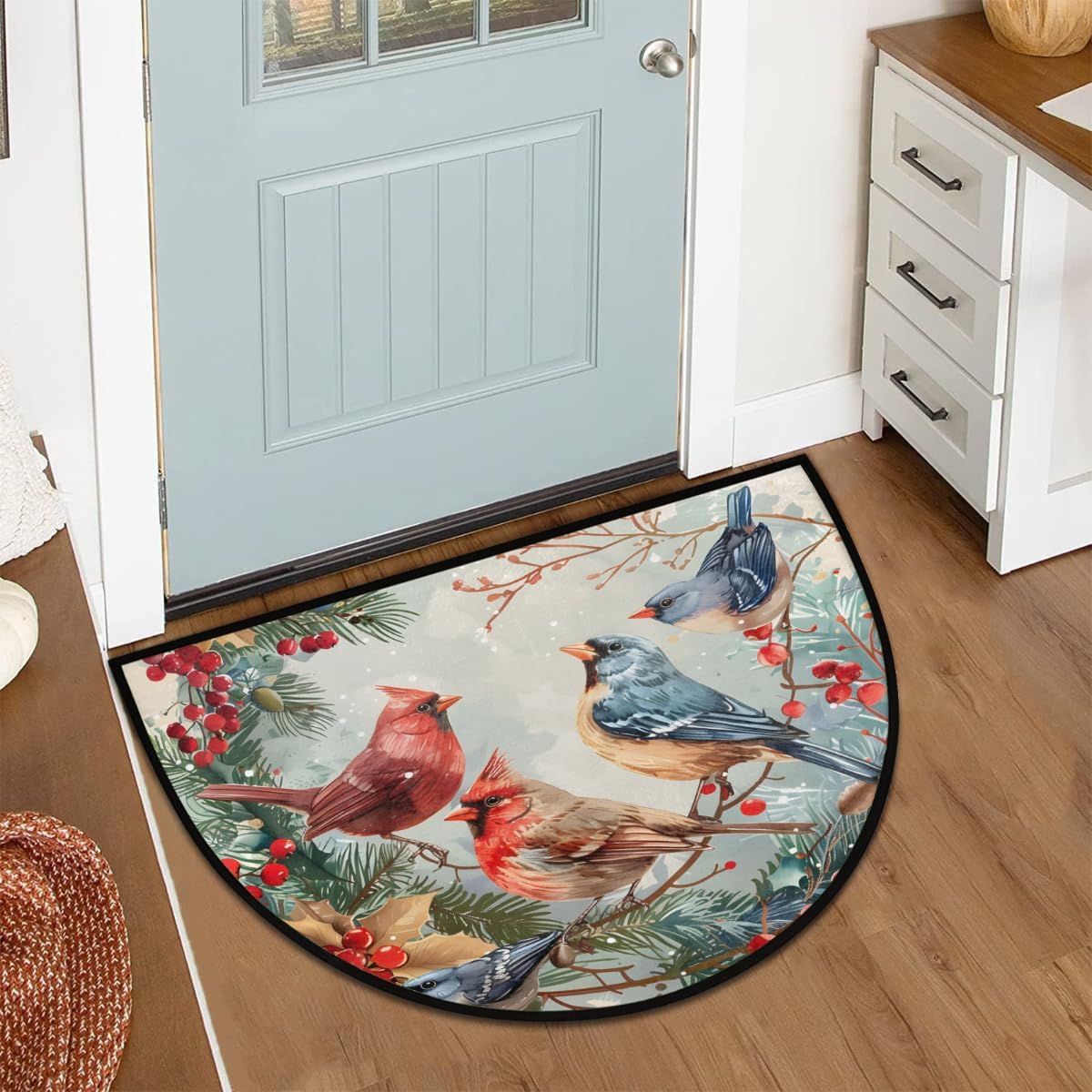 Animal Cardinal Holly Xmas Berry Half Round Door Mat Outdoor Entrance Large 24"x36" Half Circle Welcome Entrance Way Mat Semi Circular Front Door Mat Area Rug for Garage, Patio, High Traffic Areas