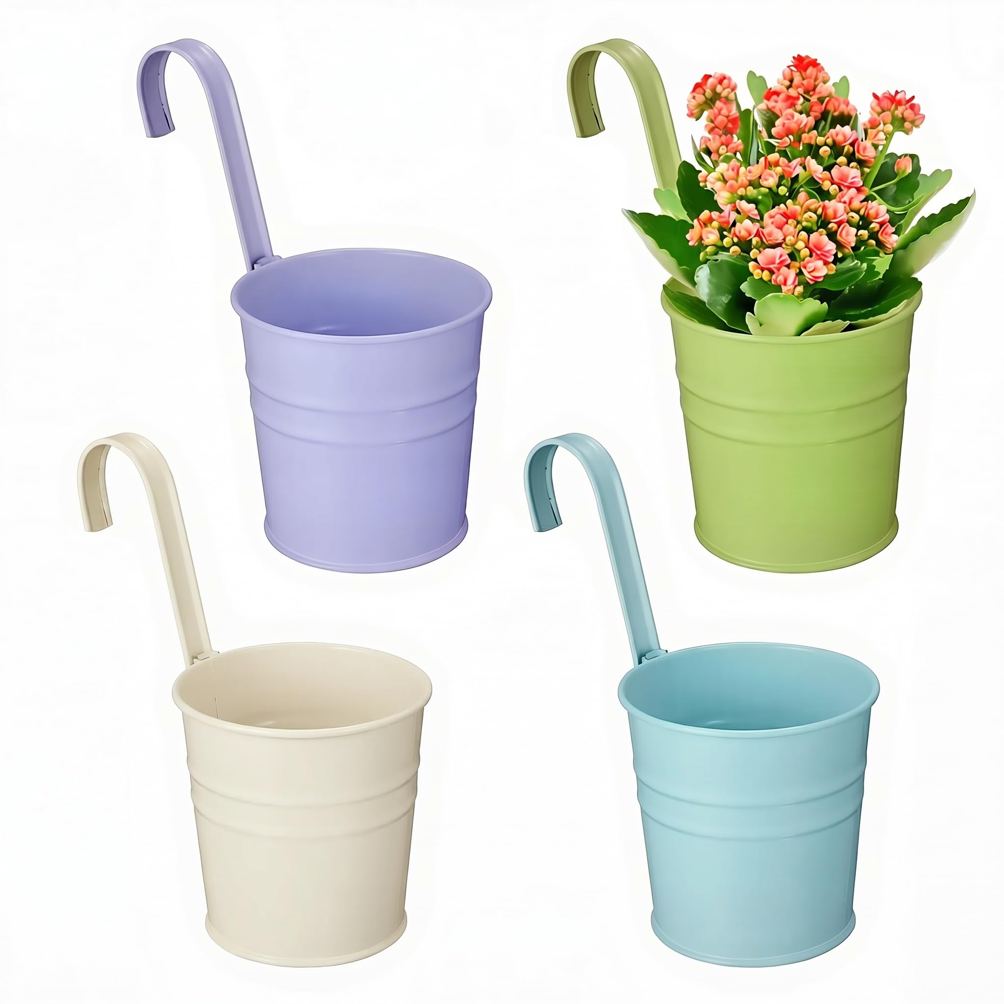 Puedno Garden Pots Hanging Buckets, 4PCS Metal Flower Hanging Plant Pots Mini Hanging Baskets Bucket with Detachable Handle for Seedlings Fence Balcony Outdoor Wall Decor (Blue Purple Green Beige)