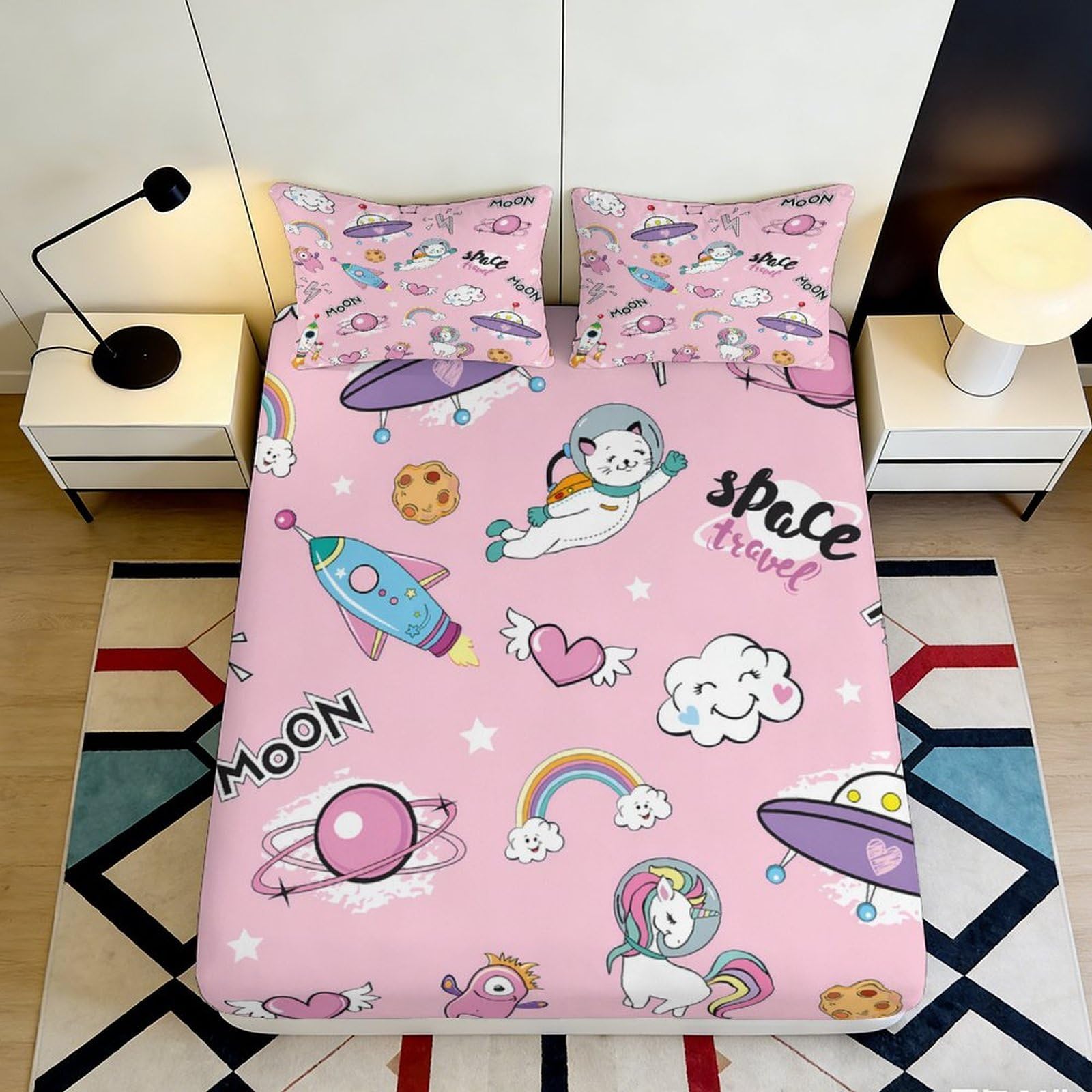 3D Printed Pink Cartoon Space Fitted Sheet Microfiber Soft Breathable Astronaut Bed Cover for Bedroom Dorm Decor 90x200x25cm