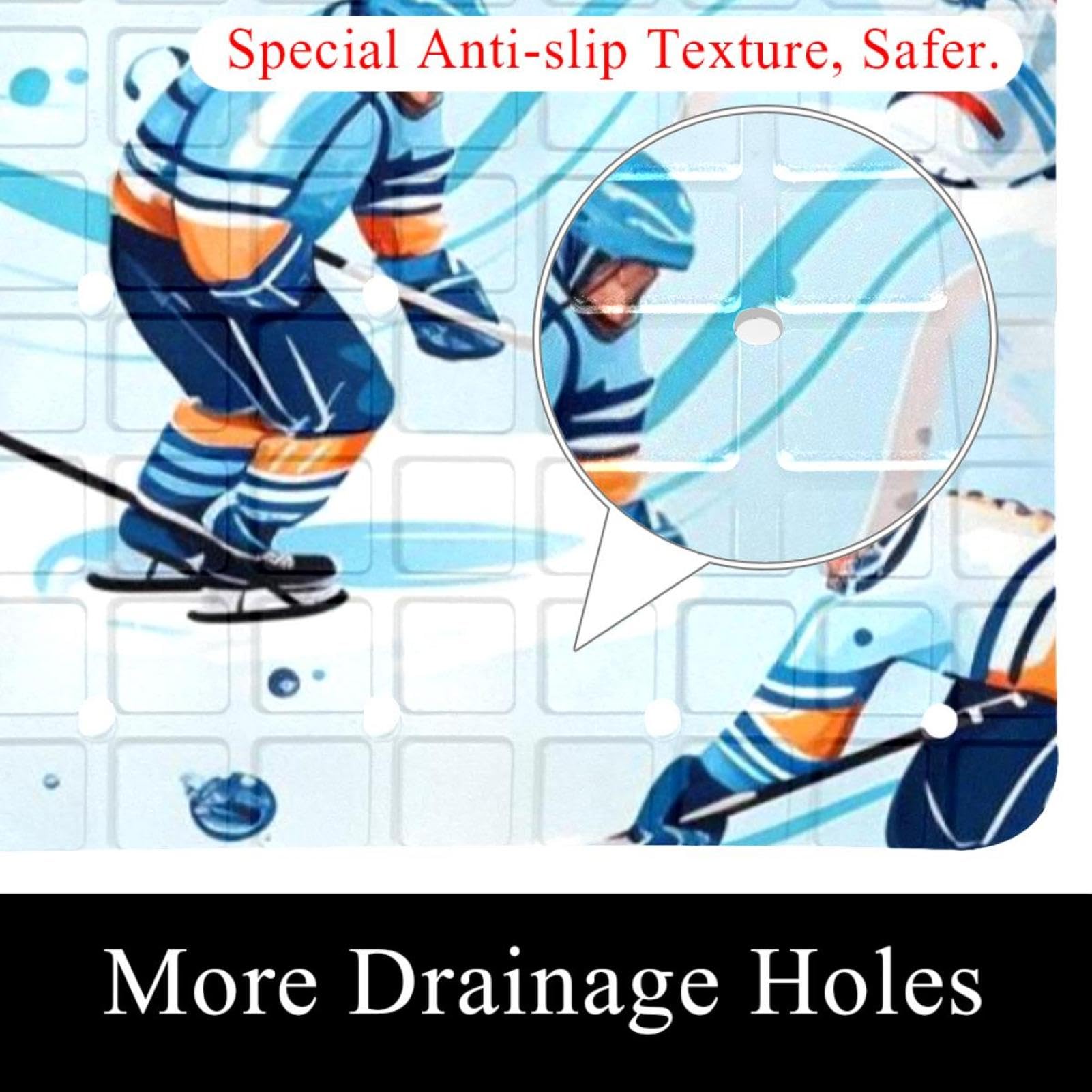 Tapis de douche antidérapant avec motif hockey sur glace comics - 38,5 x 68 cm - Tapis de douche en caoutchouc antidérapant avec trous de drainage et ventouses - Lavable en machine