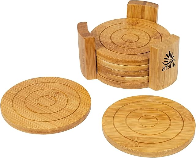 ARSUK Coasters Set of 6 Bamboo Drink Coaster Set with Holder Heat Resistant for Home Kitchen Table Housewarming Gift Decoration Protection