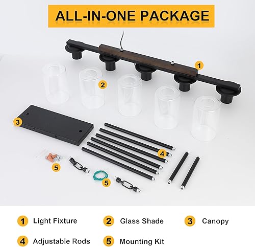 Miniatura 6 de Iluminación de isla de cocina, 5 luces, lámpara colgante de araña lineal sobre mesa de comedor, sala de estar con varillas ajustables, negro y madera