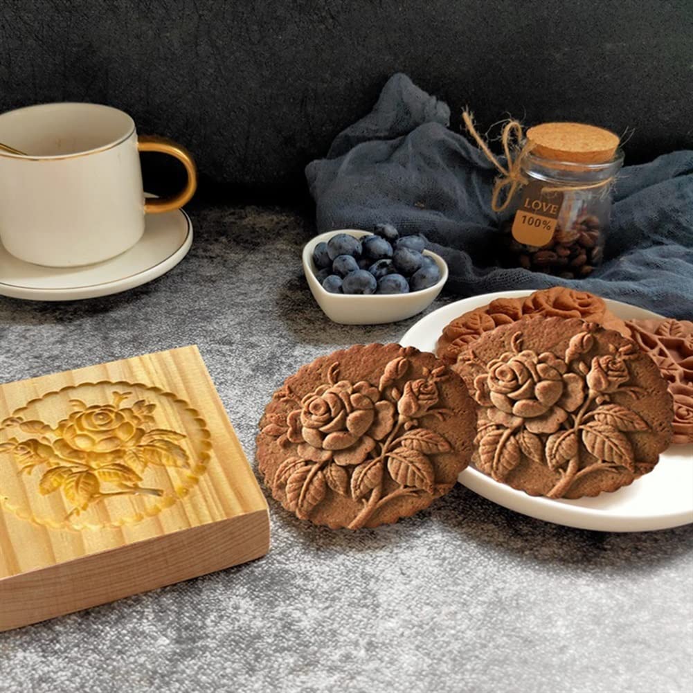 Moule à biscuits en bois，Carved Cookie Press Stamp Moules à chocolat Emporte-pièce en bois moule presse 3D gâteau gaufrage moule de cuisson outils Rose fleur pain d'épice Biscuit moule de cuisson(G 10
