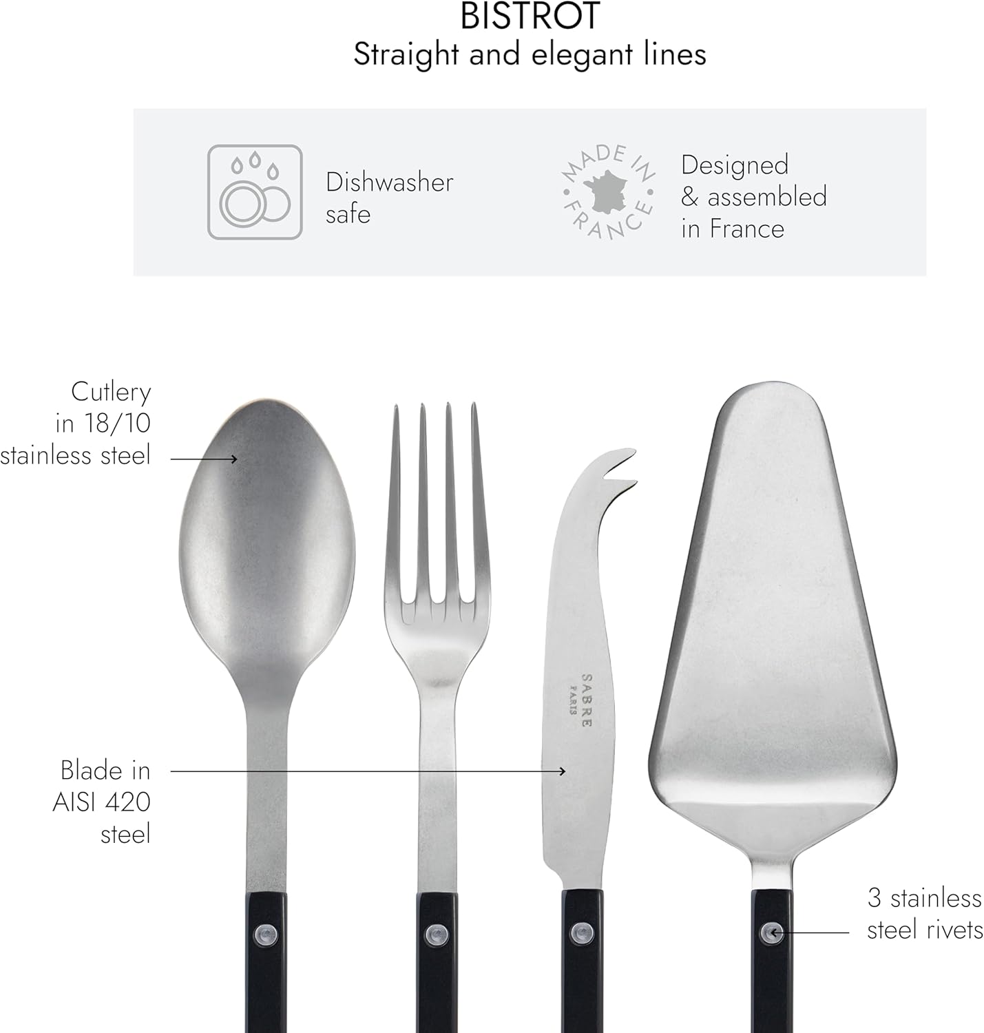 SABRE PARIS - 4-Piece Serving Set - Bistrot Vintage Collection - 2 Serving Flatware, Serrated Pie Server, Large Cheese Knife - Stainless Steel & Nylon - Dishwasher Safe - Black - Mat Finish