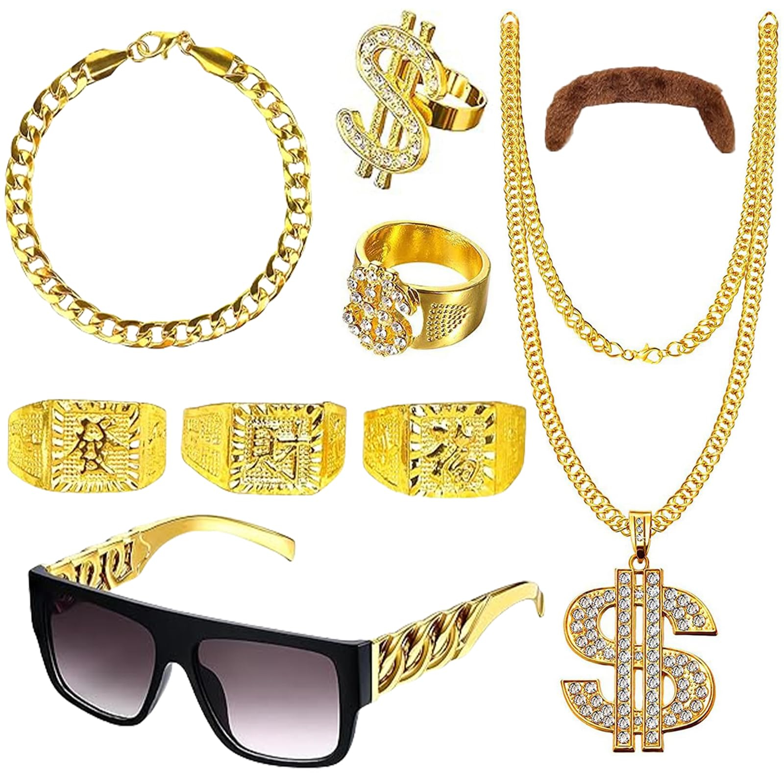 ZcrPrn Fake Gold Chain, 9 PCS Hip Hop Accessories Set with Gold Chain Dollar Glasses Hip Hop Ring, 90s Fancy Dress Men for Disco Parties, Hip-Hop Events, Halloween Role Play