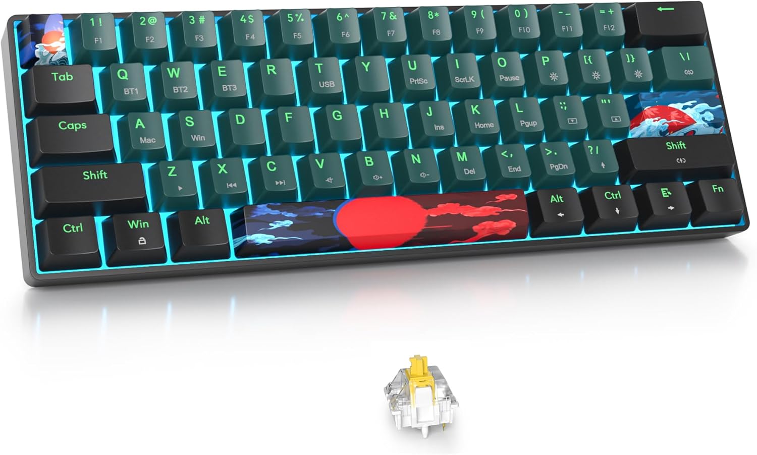 Fogruaden 60% Wireless Mechanical Keyboard, Hot Swappable USB-C Wired/Bluetooth Keyboard with RGB Backlit for Win/Mac, 61 Keys NKRO Gaming Keyboards, Double Shot PBT Keycaps(Red Switch, Forest)