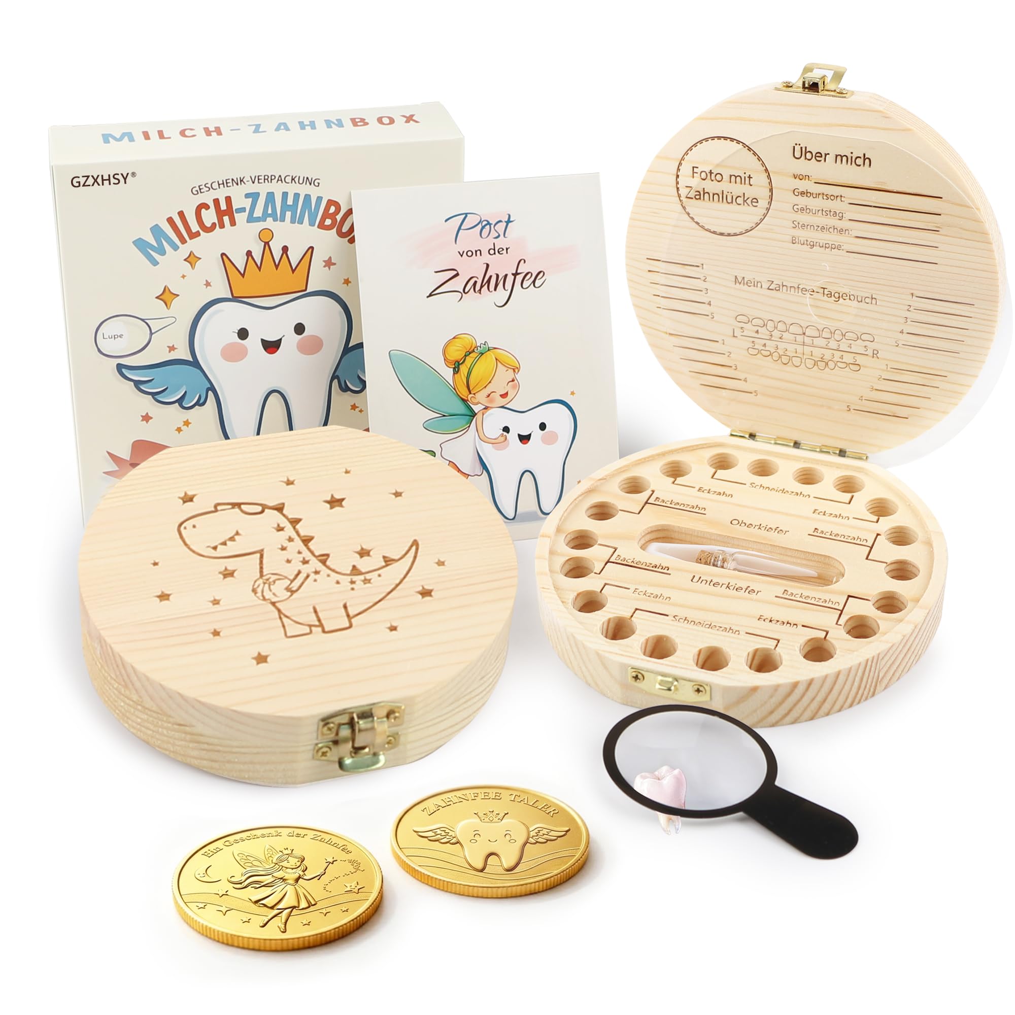 Zahndose Milchzähne für Mädchen und Jungen | Zahnfee Geschenk set mit Brief, 2 Münzen, Lupe, Pinzette & Haarlockenfläschchen | zur Taufe, zum Geburtstag oder für neue Eltern (Dinosaurier-Motiv)