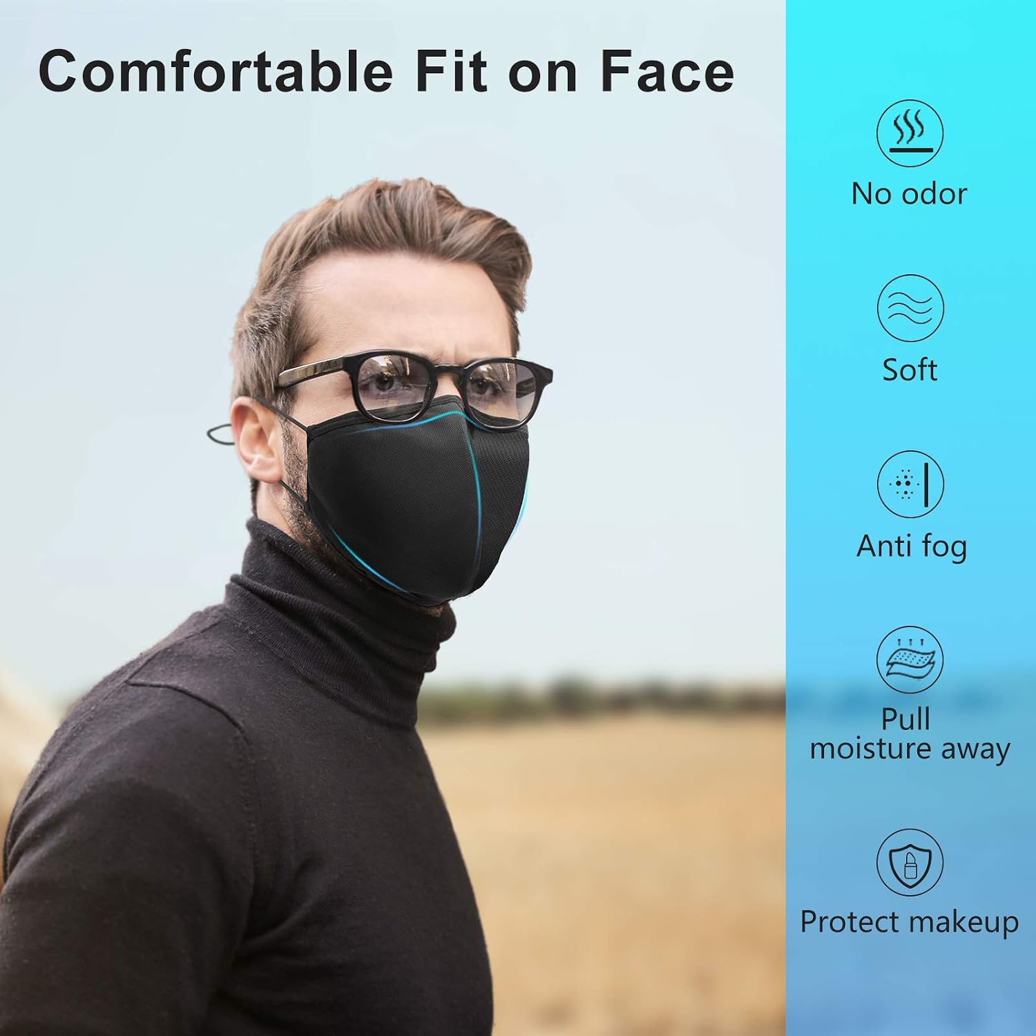 Extra Large Face Protector for Wide Face, 3-Ply Black Cloth Shields with Adjustable Ear Loops, Reusable Washable Adult Bandana, Cotton Unisex Protective Guard for Women Men (3 Pack XL)