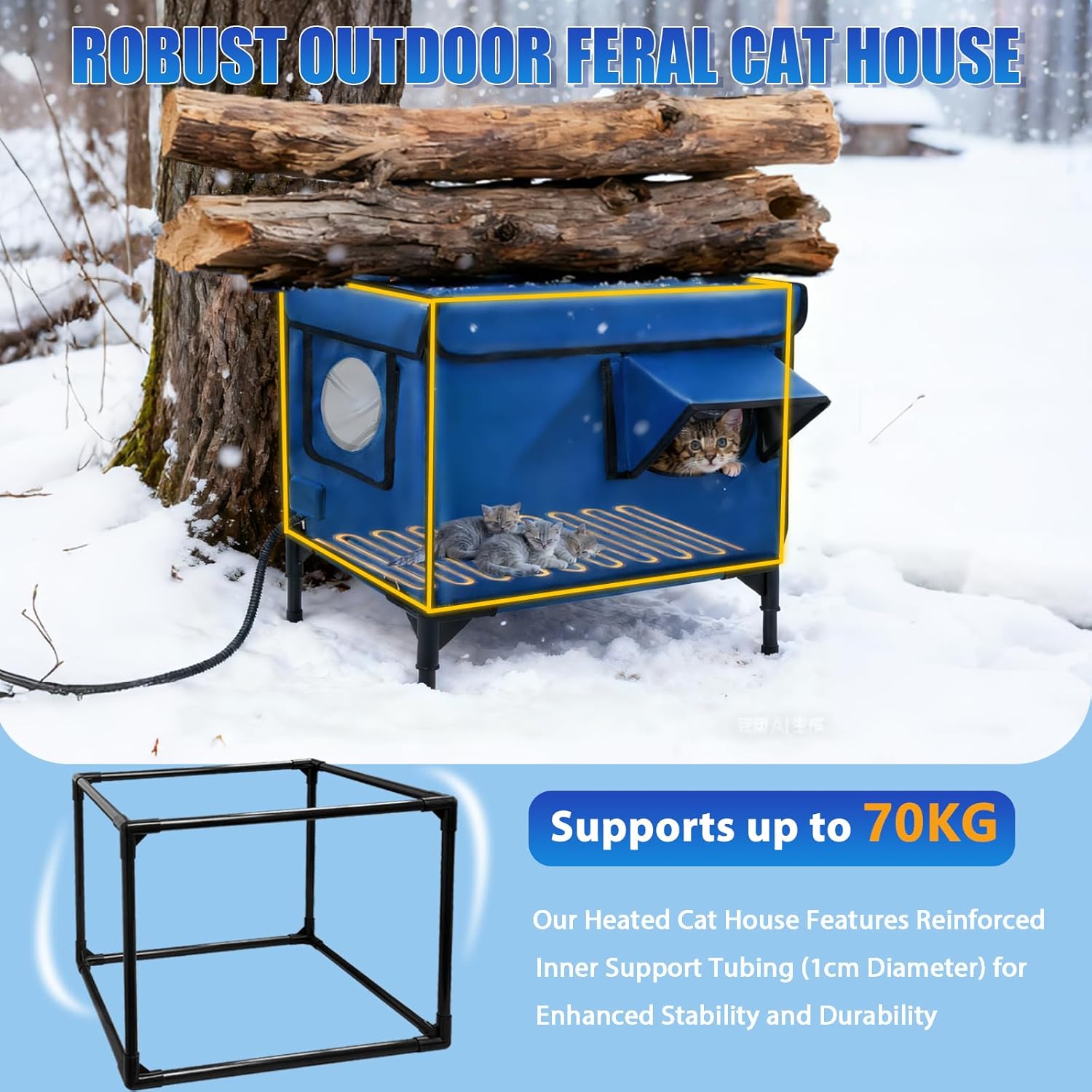 Outdoor Large Heated Cat House in Winter, 100% Waterproof Insulated Heated Cat Shelter for Outside, Weatherproof Outdoor cat House with Waterproof Eaves & Escape Door for Stray Feral Cats