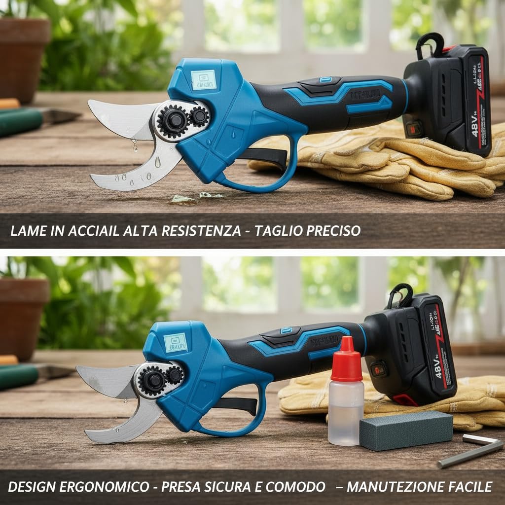 MAKA Forbici Potatura con 2 Batterie da 68V - 6000 mAh - Lunga Autonomia, Trincia Rami Professionale con Display Digitale, Cesoia Elettrica Diametro Potatura 30mm, Ideale per Frutteto, Vigneto (48V)