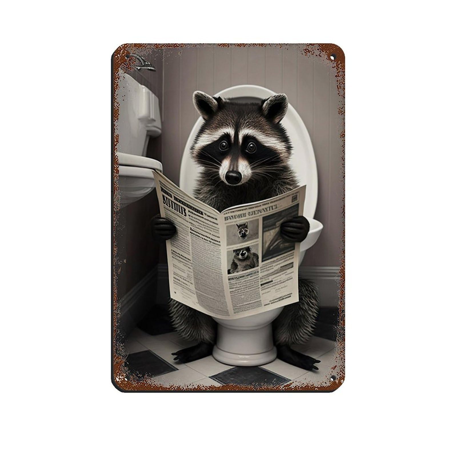 Raccoon Sitting on The Toilet Reading A Newspaper Tin Sign Vintage Metal Pub Club Cafe Bar Home Wall Art Decoration Poster Retro 8x12inch(20x30cm)