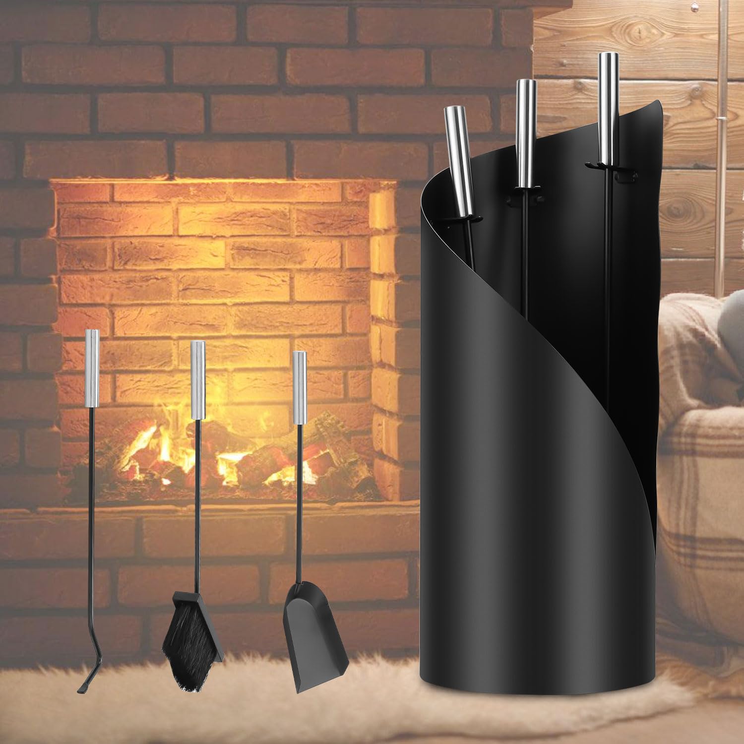 Set di posate per camino, 4 Pezzi, Set di posate per camino, con scopa, pala, gancio in ferro, supporto, Attrezzi per camino con manici in acciaio inox, Attrezzi Camino Moderni
