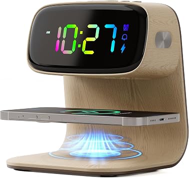 Digital Alarm Clock with Wireless Fast Charging Station 15W Touch Smart Lamp for Bedside,3 Colors Nightlight Adjustment Night Lamp for Living Room,Bedside,Heavy Sleepers Woodgrain+Cable&Adapter