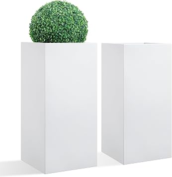 Wallowa Metallic Heavy Tall Outdoor/Indoor Planter Box, Seamless Metal Planter, Rectangular, 14Lx14Wx30H, 25 Pounds Each, Pure White, No Assembly and Seamless, Set of 2