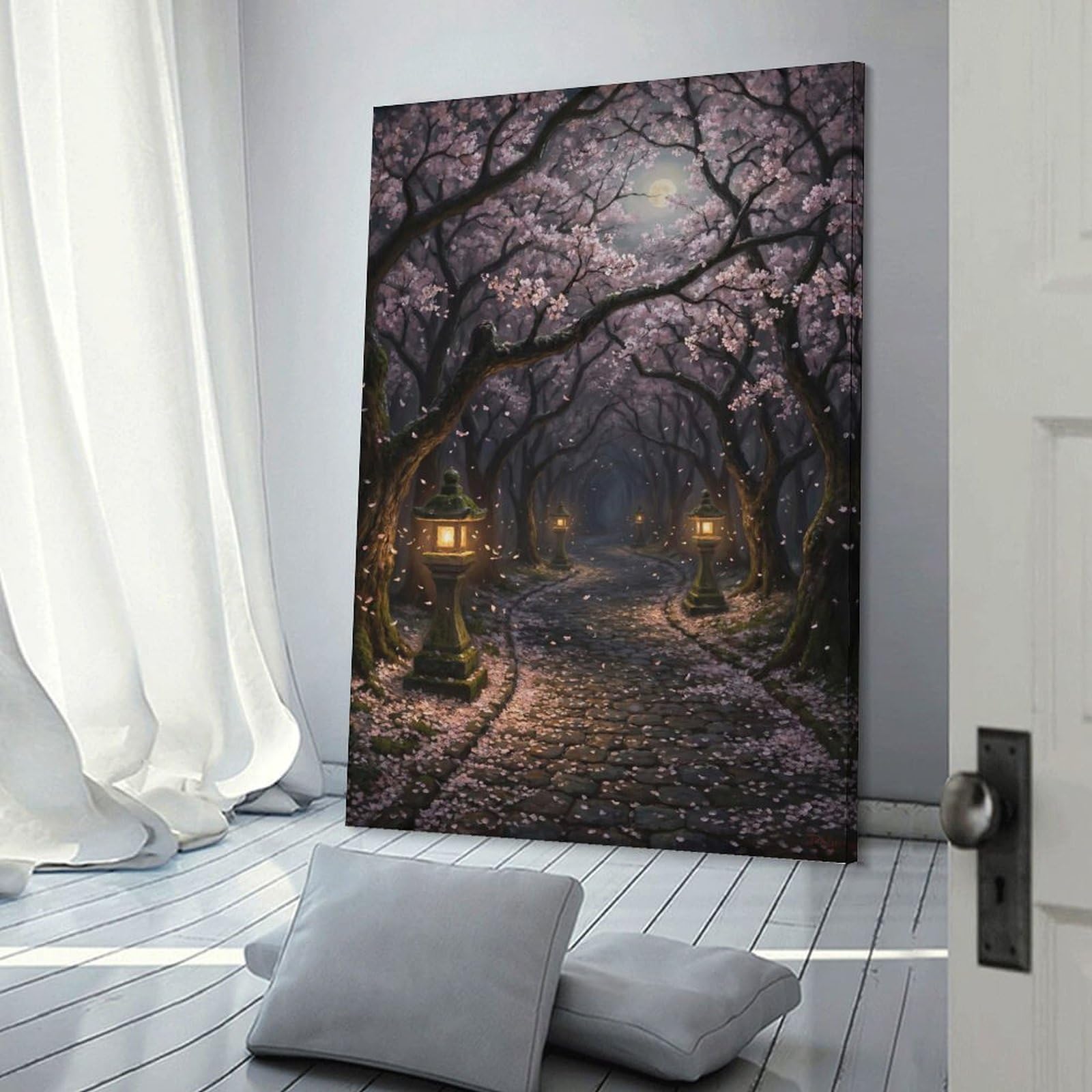 Junmoney Enchanted Cherry Blossom Path at Night Decorative Canvas Print 20x30inch(50x75cm), for Hallway, Bedroom Or Modern Interiors, Home Decor Gift with Stylish Appeal