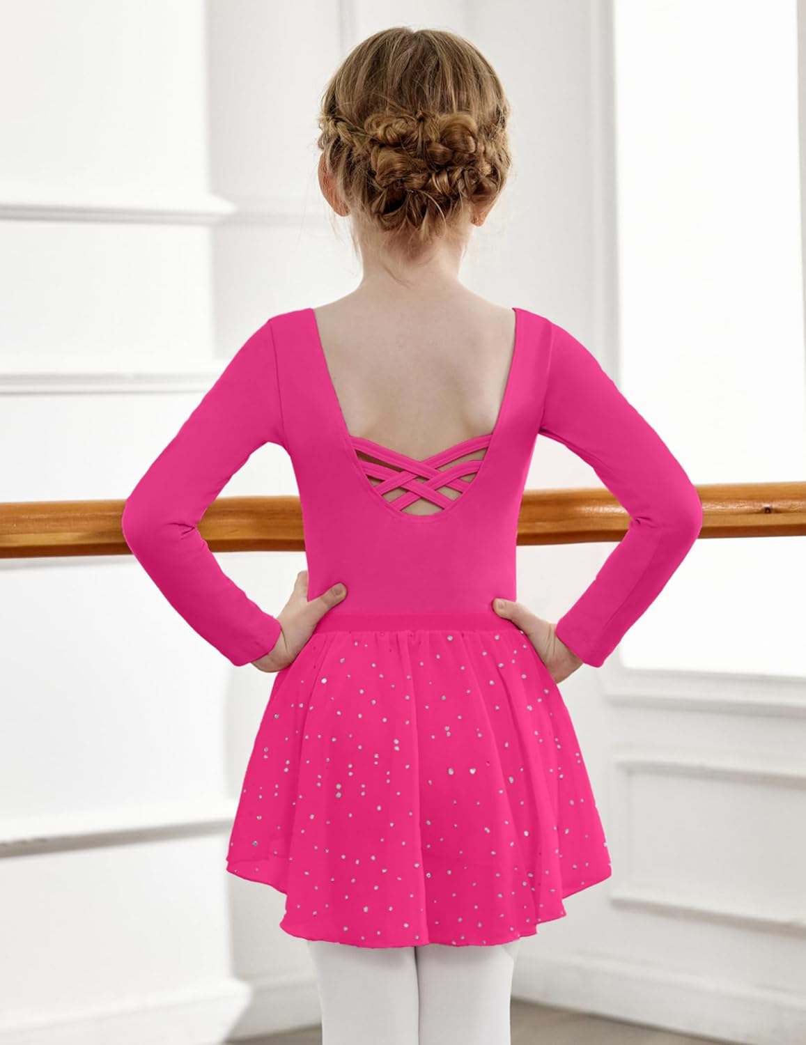 Zaclotre Girls Ballet Leotards Toddler Long Sleeve Crisscross Back Dance Dress Outfit with Removable Shiny Skirt Combo - Image 5