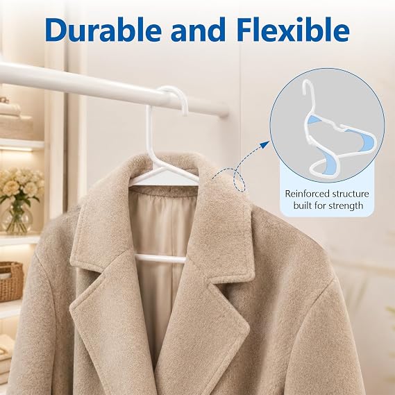 White Plastic Hangers 50 Pack with Non-Slip Shoulder Grooves