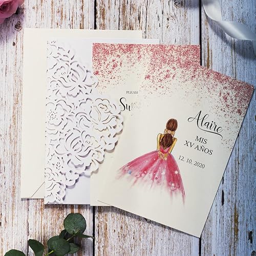 Miniatura 6 de 50 tarjetas de invitación de quinceañera personalizadas blancas con sobres, de 5 x 7.3 pulgadas, corte láser, bolsillo hueco de rosa con