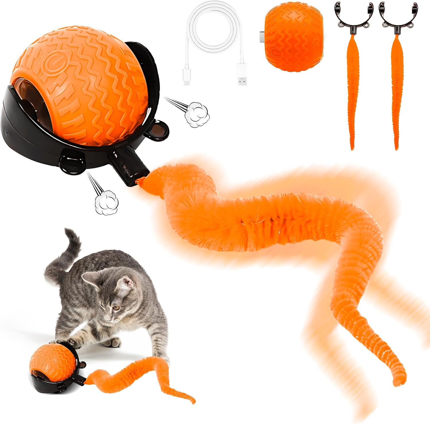 Haokelai Interactive Cat Toy Ball, Active Rolling Ball with Tail for Cats, 360° Smart Automatic Rolling Large Small Cats & Dogs PetBall (Orange Color)