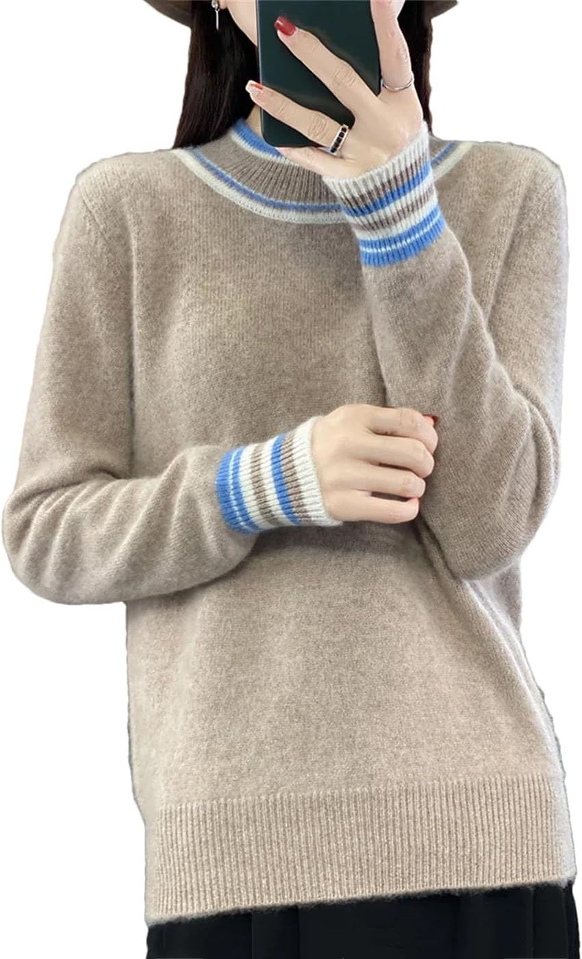 Women's 100% Wool Sweater Striped Half High Collar Basic Long Sleeve Tops Winter Soft Warm Knit Pullover