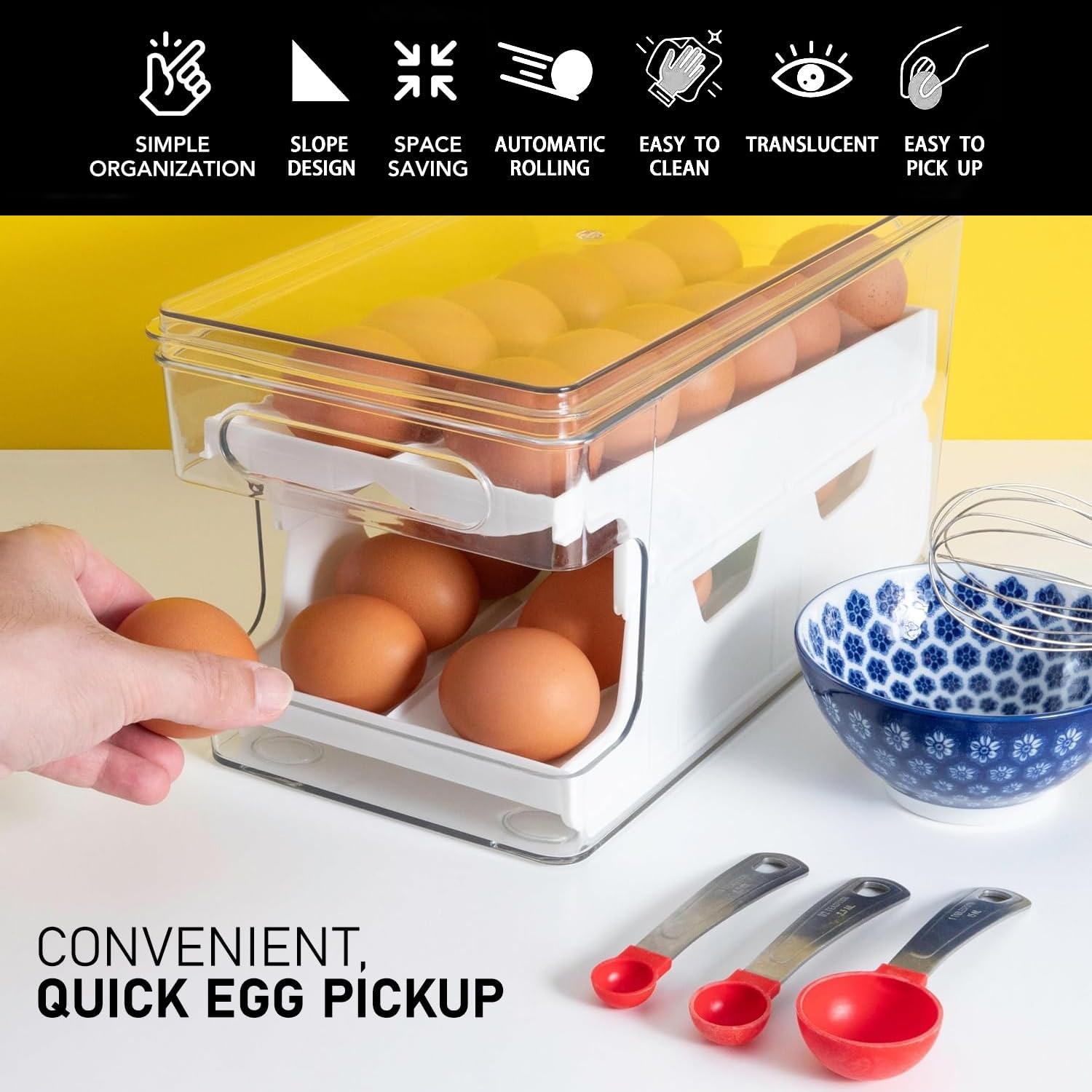 Rolling Egg Holder, Double track 24 Egg Organizer for Refrigerator, Clear Egg Container Tray Stackable Dispenser and Organizer for Refrigerator Storage, Egg Fridge Organizers With Timer (White)