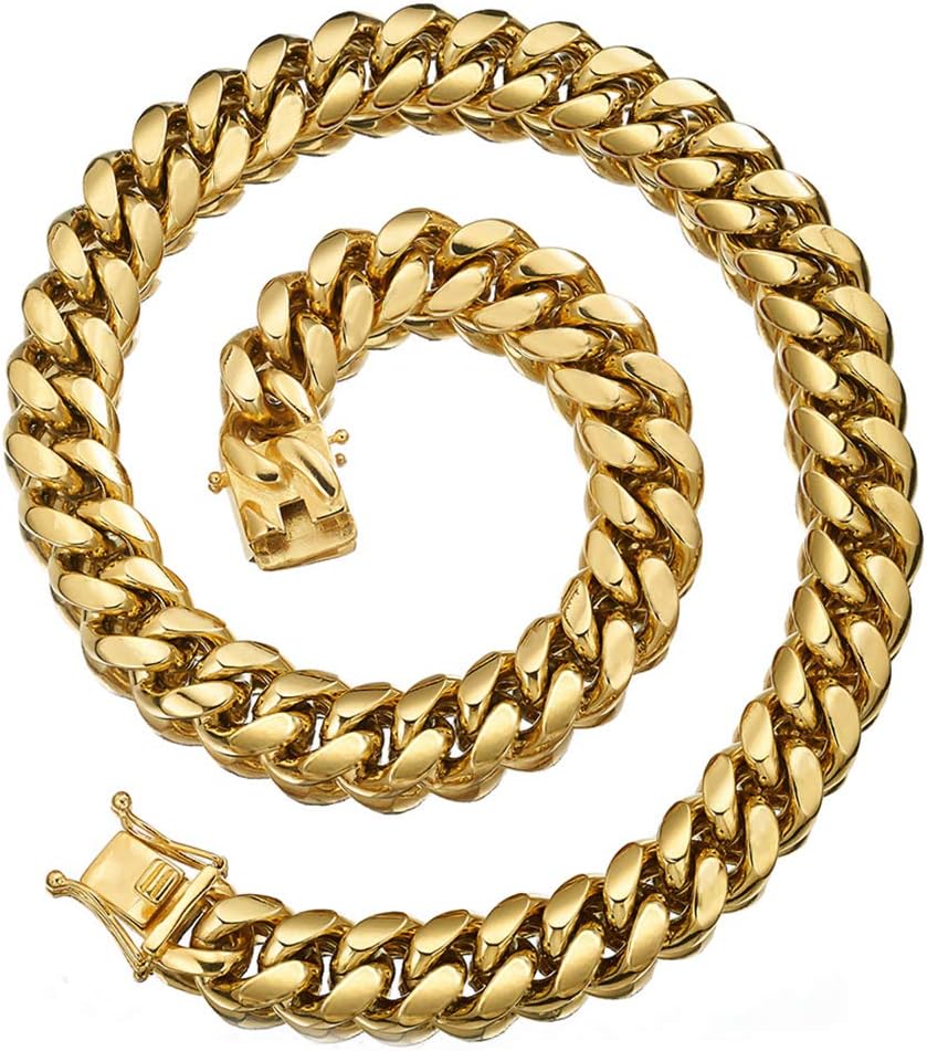 Jewelry Kingdom 1Gold Cuban Link Chain Necklace or Bracelet for Men 15mm 18K Stainless Steel Chunky Thick Heavy Miami Curb Chains 8-30 inch Valentines Jewelry