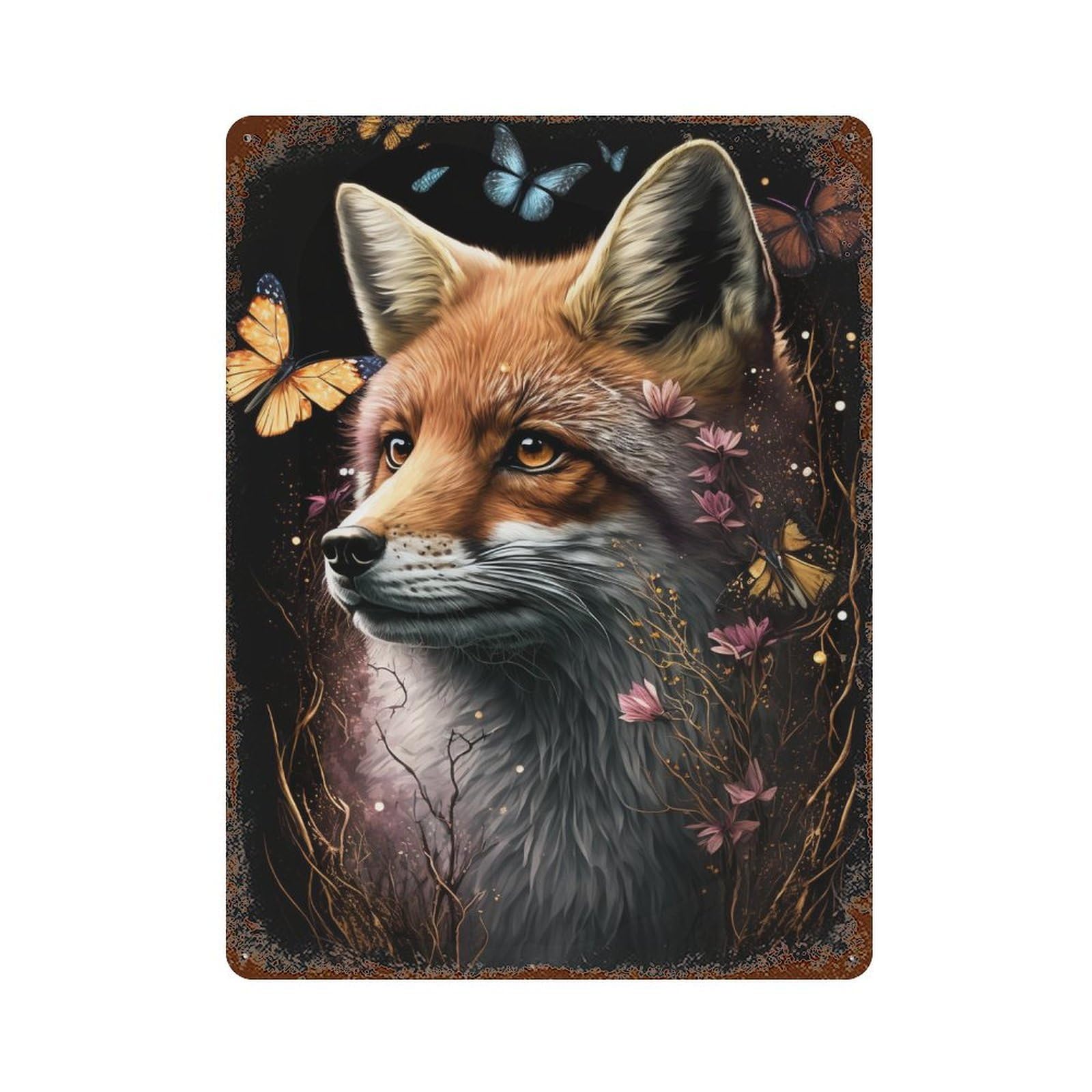 Magical Fox with Butterflies Rust Effect Tin Sign 15.7"x11.8", Industrial Home Decor for Cafe, Home Bar And Lounge Decor
