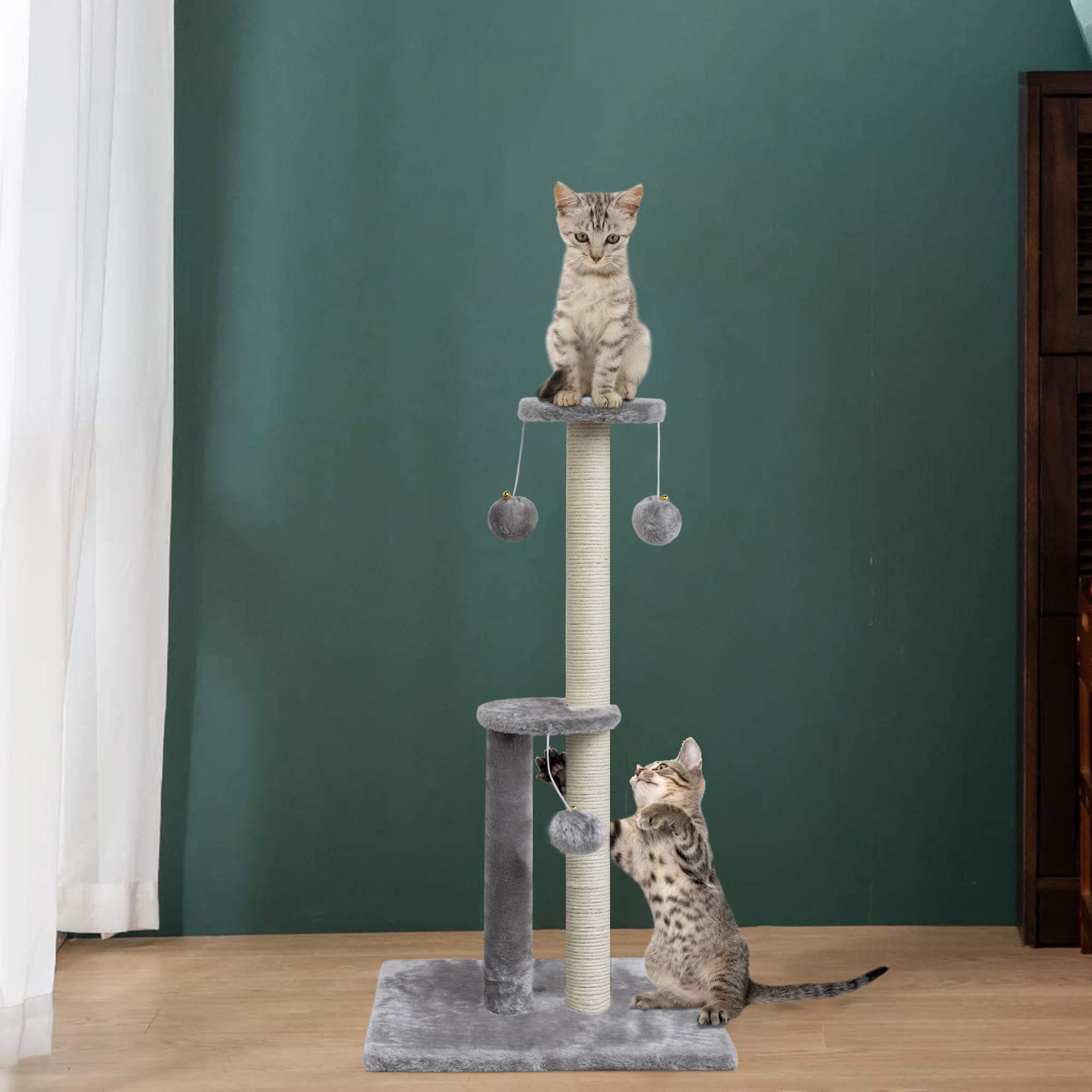 SYANDLVY 29" Tall Cat Scratching Post, Kitten Scratcher with Sisal Rope, Scratch Tree with Hanging Balls for Indoor Cats (Light Grey)