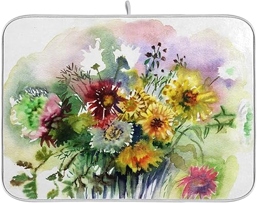 Vista 21 de Tapete de secado de platos de flores de fondo negro para encimera de cocina de 18 x 24 pulgadas, tapete de microfibra absorbente, tapete de secado