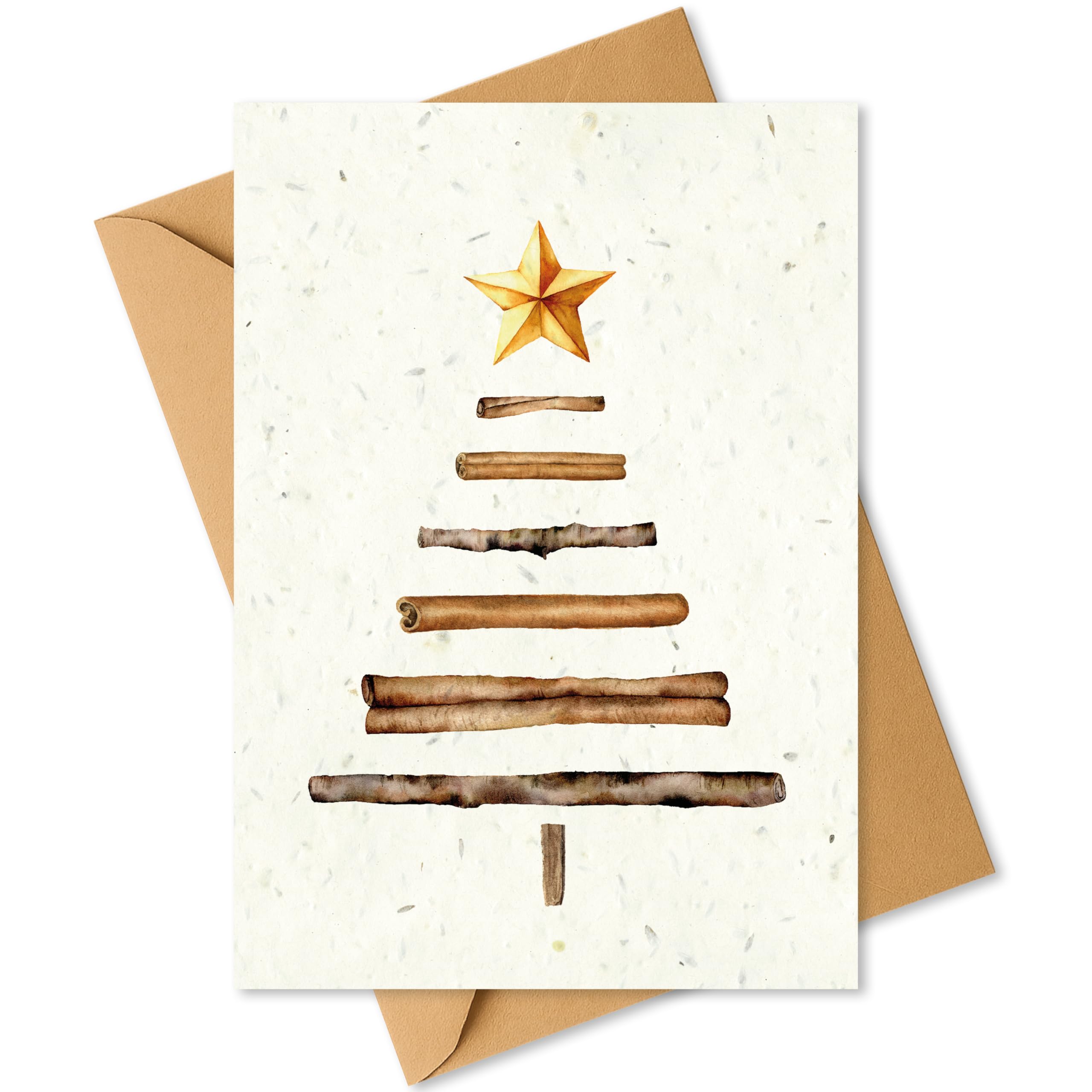Plantable Christmas Card with Traditional Cinnamon Tree Design – Eco Friendly Biodegradable Seed Paper Greeting Card, Zero Waste Christmas Card for Friends & Family (1 Card and Envelope)