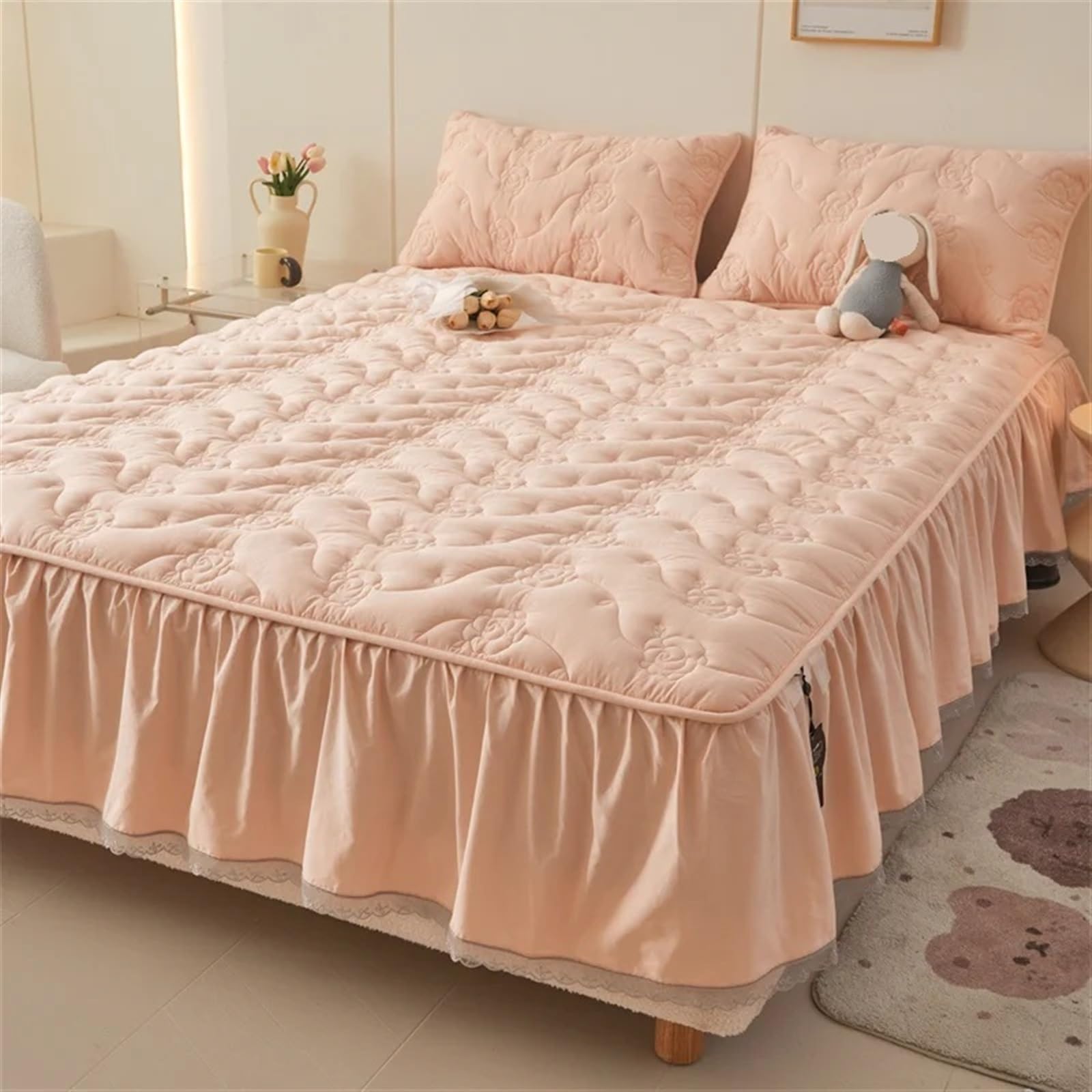 Gonna letto con balza Copriletto Lenzuola matrimoniali in cotone Gonna letto Lenzuolo con angoli elasticizzati Copriletto Coprimaterasso(Color1,180x200cm)