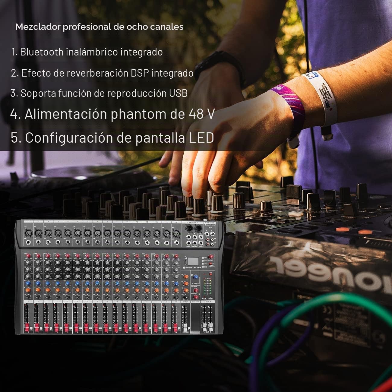 Depusheng DX16 Interfaz de controlador de sonido DJ con unidad USB para grabación de computadora Mezclador de audio de estudio de 16 canales - Conector de XLR, alimentación de 48V