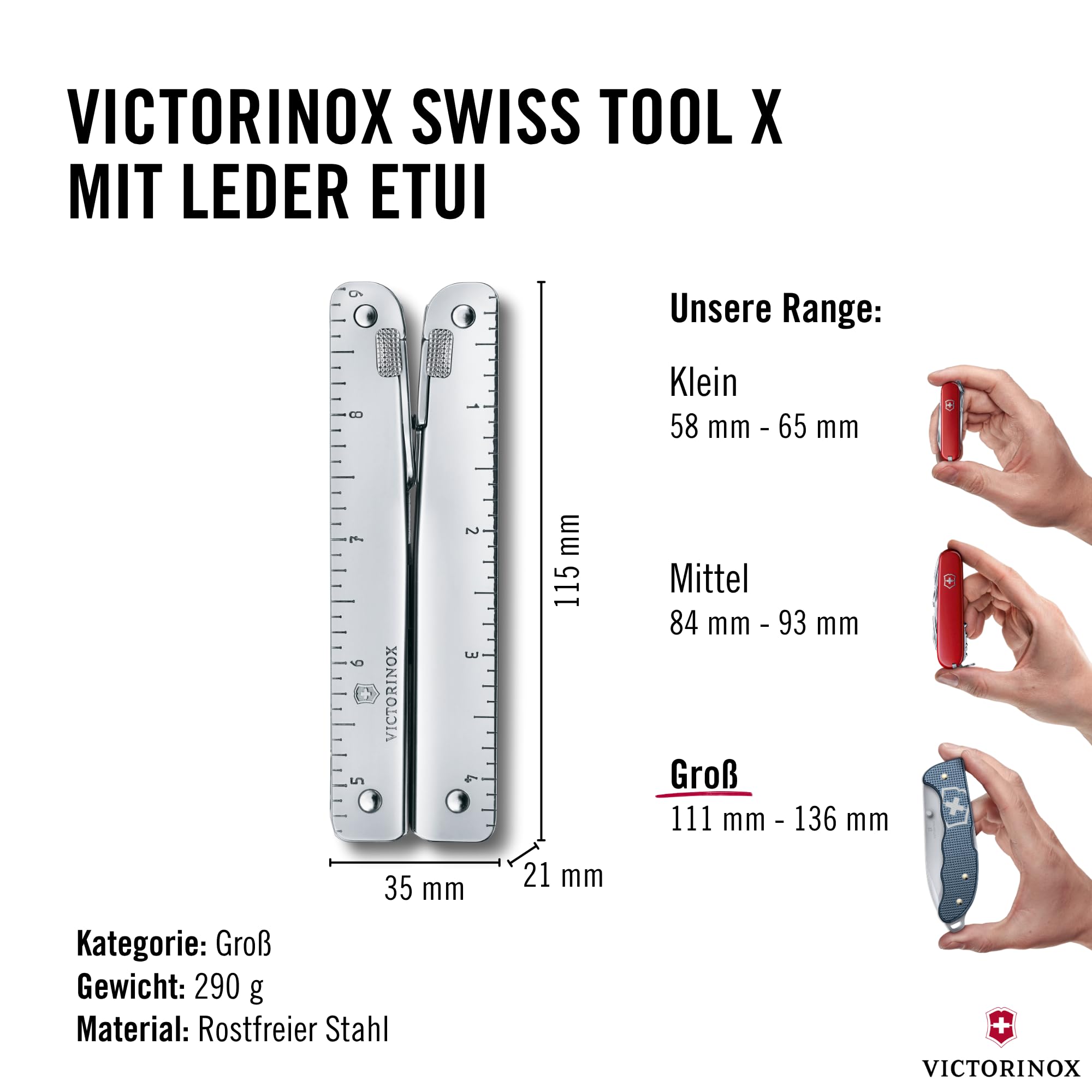 Victorinox Multifunktionstool, Swiss Tool X mit Leder-Etui, Taschen Werkzeug, Multitool mit Kombi-Spitzzange, Feststellklinge