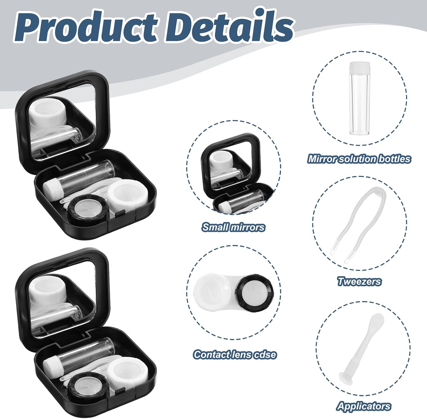 2pcs Travel Contact Lens Case Kit, Portable Contact Lens Case with Contact Lens Applicator Tool and Mirror Solution Bottle for Daily Vision Care and Outdoor Use, Travel Size (Black)
