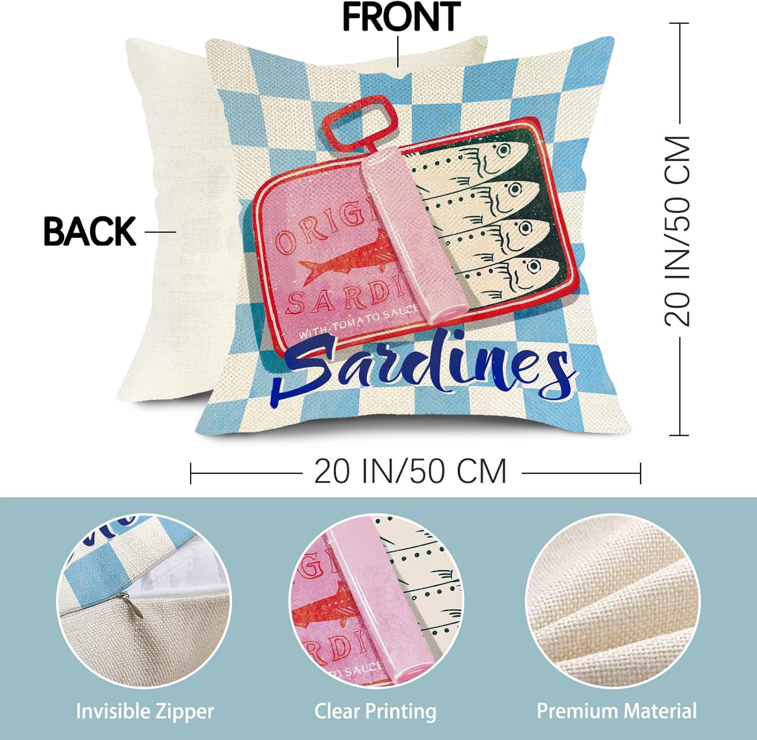 Sardines Can Decorative Throw Pillow Covers 20 x 20 Set of 4, Beach Coastal Fish Fisherman Aesthetic Porch Outdoor Home Decor, Retro Nautical Plaid Stripes Argyle Sofa Couch Cushion Case