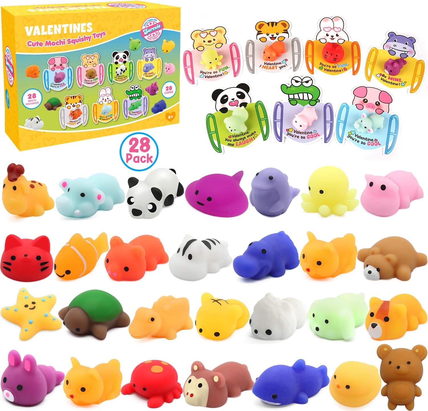 SURCVIO 28 Pack Valentines Day Gifts for Kids School, Animal Mochi Squishies with Greeting Cards, Classroom Exchange Party Favors, Stress Relief Fidget Toys, School Prize Supplies